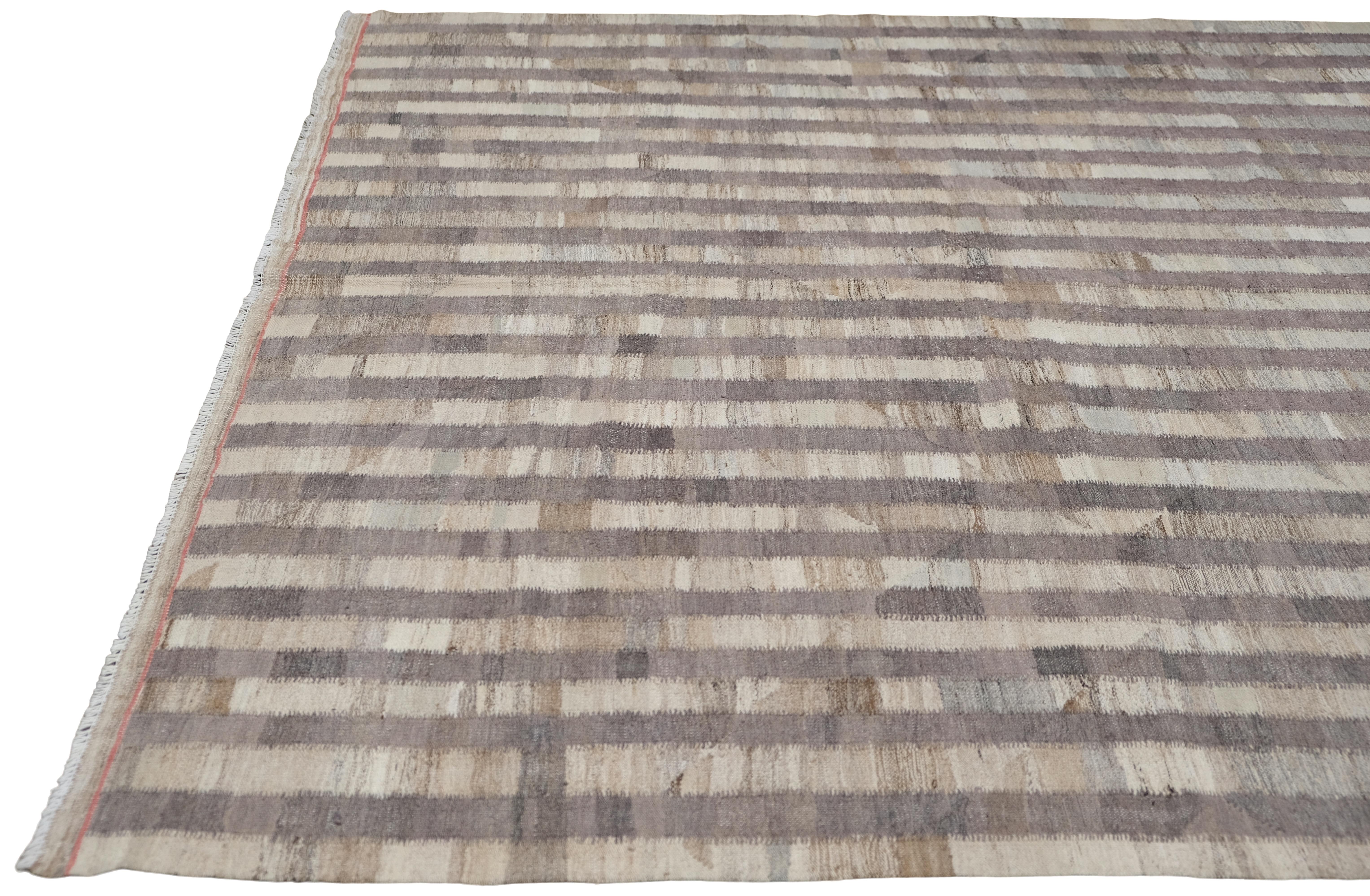 Pakistano Kilim di lana a righe 6'8''x9'5'' in vendita