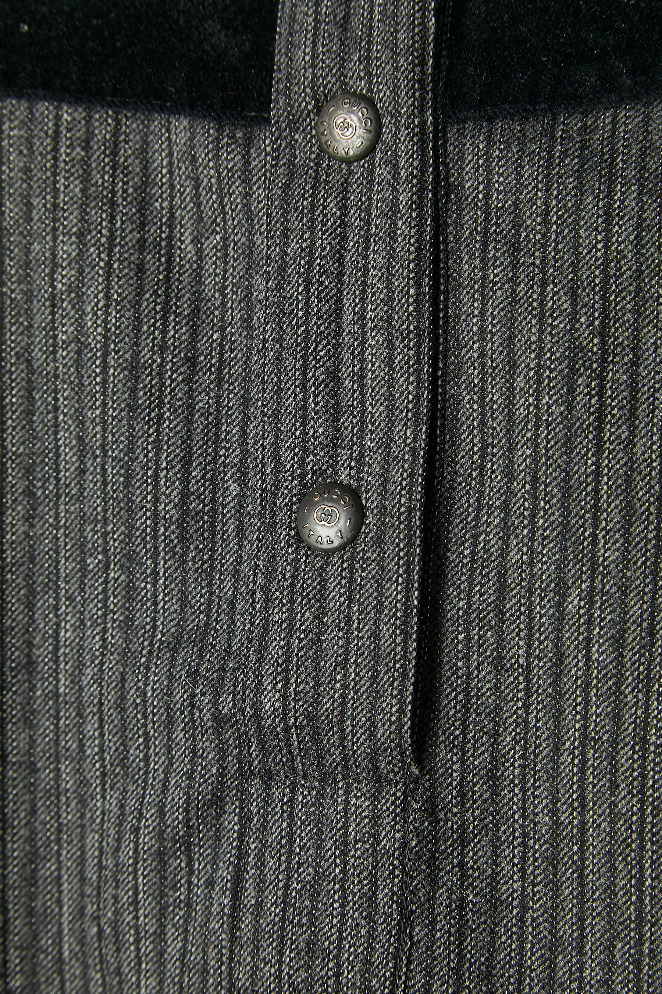 Black Striped wool shirt with black velvet details and branded snaps G.Gucci 