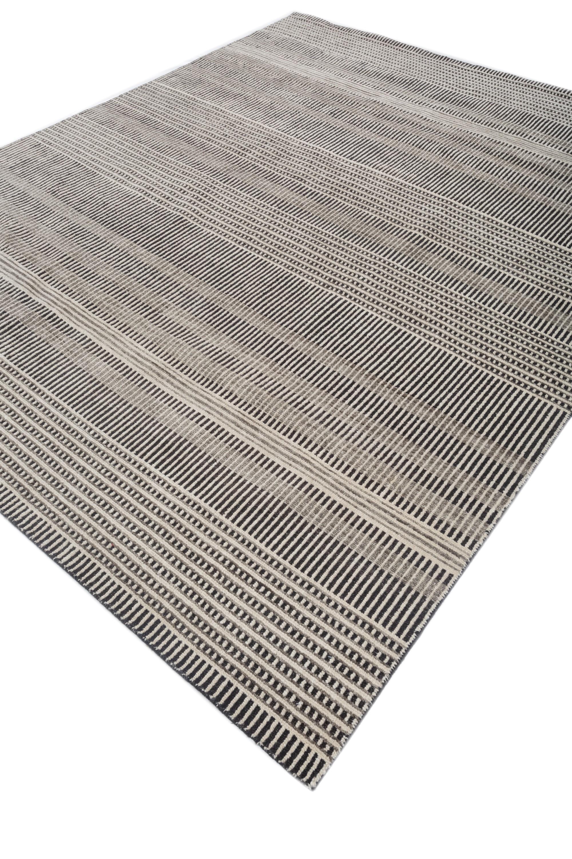 Indian Stripes in Motion Classic Gray & Caviar 240x300 cm Handamde Rug For Sale