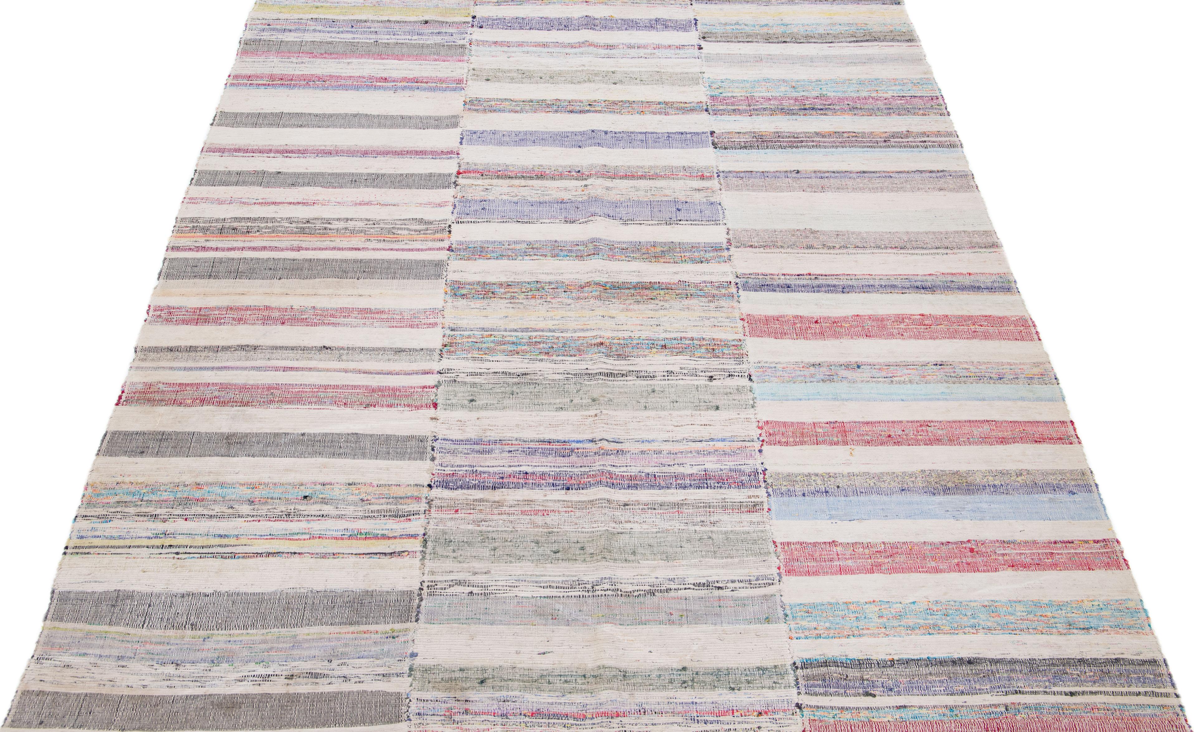 Turkish Stripes Multicolor Handmade Vintage Kilim Wool Rug For Sale