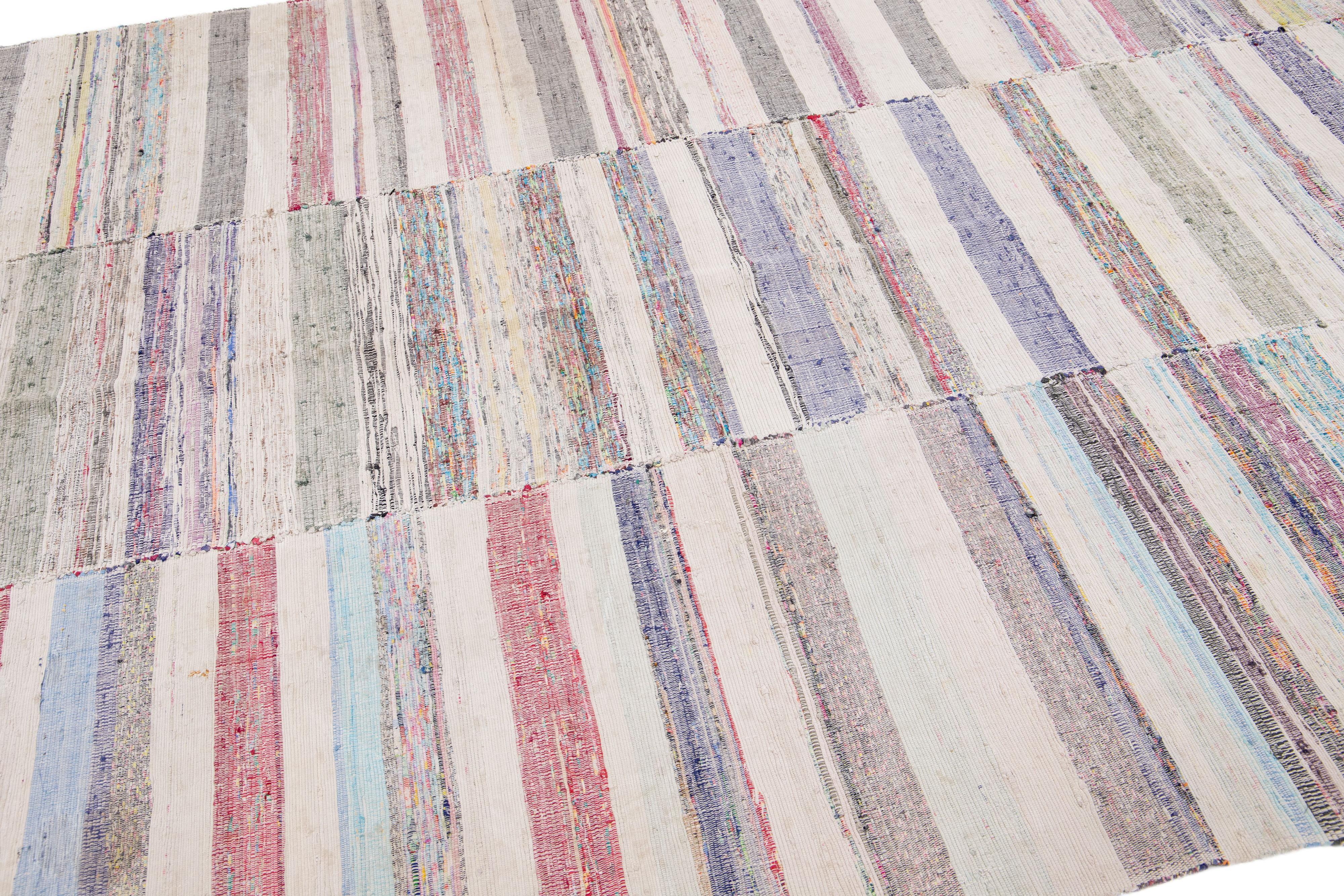Stripes Multicolor Handmade Vintage Kilim Wool Rug In Excellent Condition For Sale In Norwalk, CT