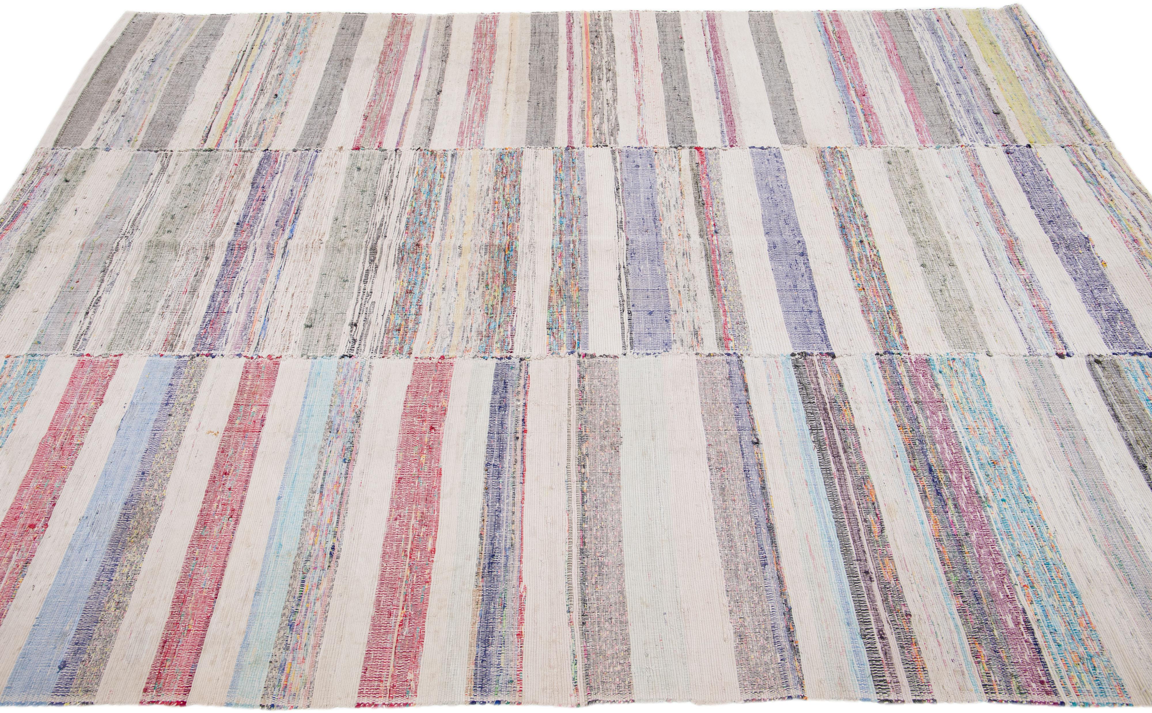 20th Century Stripes Multicolor Handmade Vintage Kilim Wool Rug For Sale