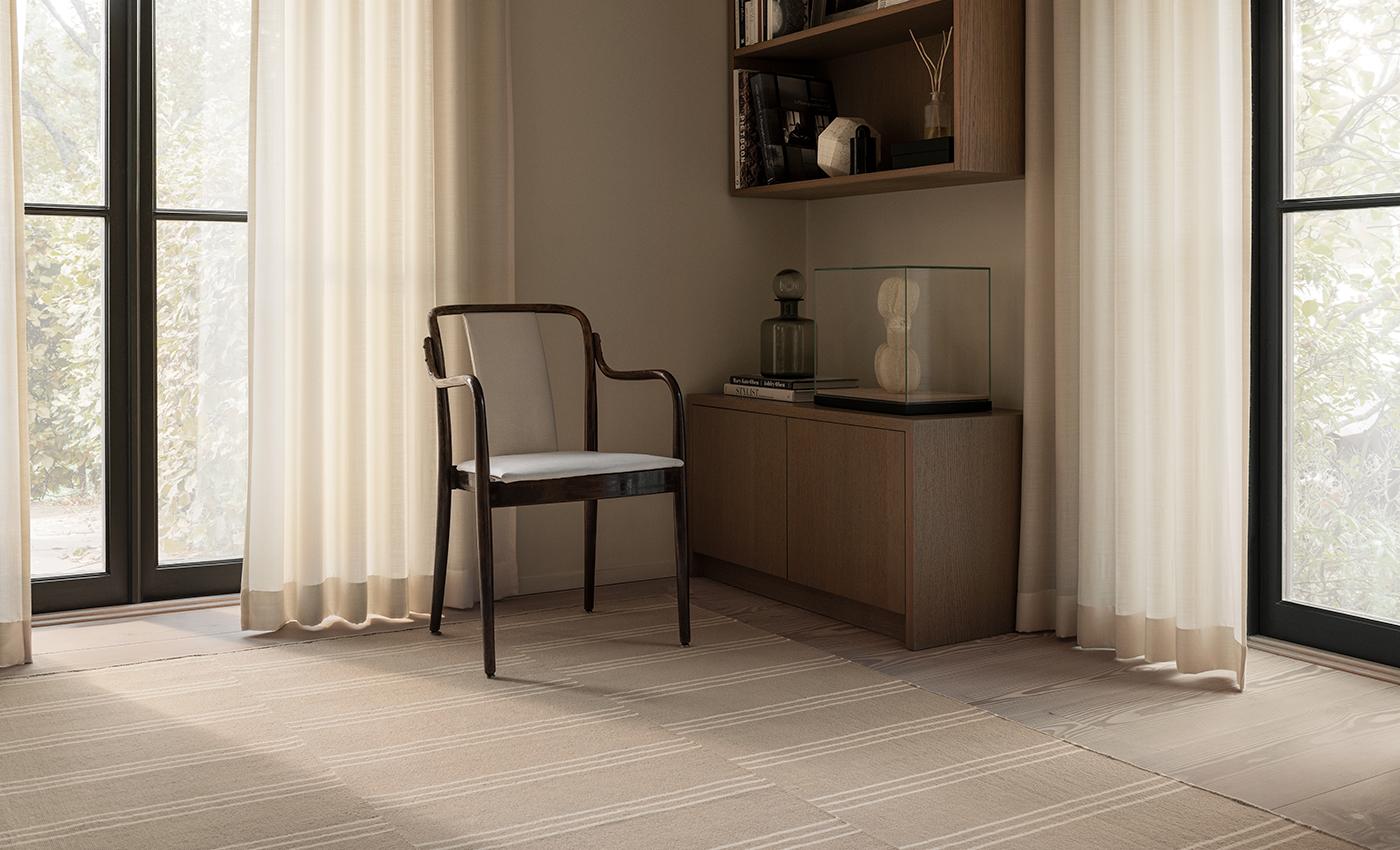 Moderner Dhurrie/Kelim-Teppich mit gestreiften Streifen in Sand/Creme in skandinavischem Design (Indisch) im Angebot