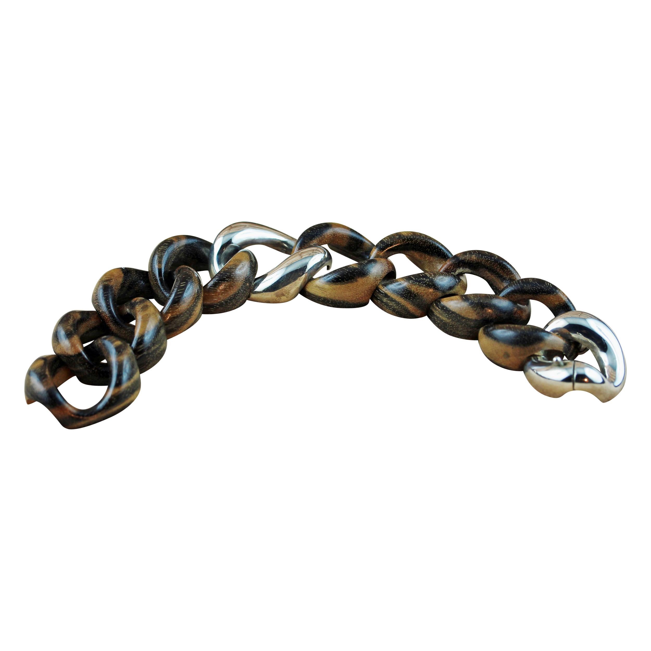 Stripes Wood 925 Silver Link Bracelet