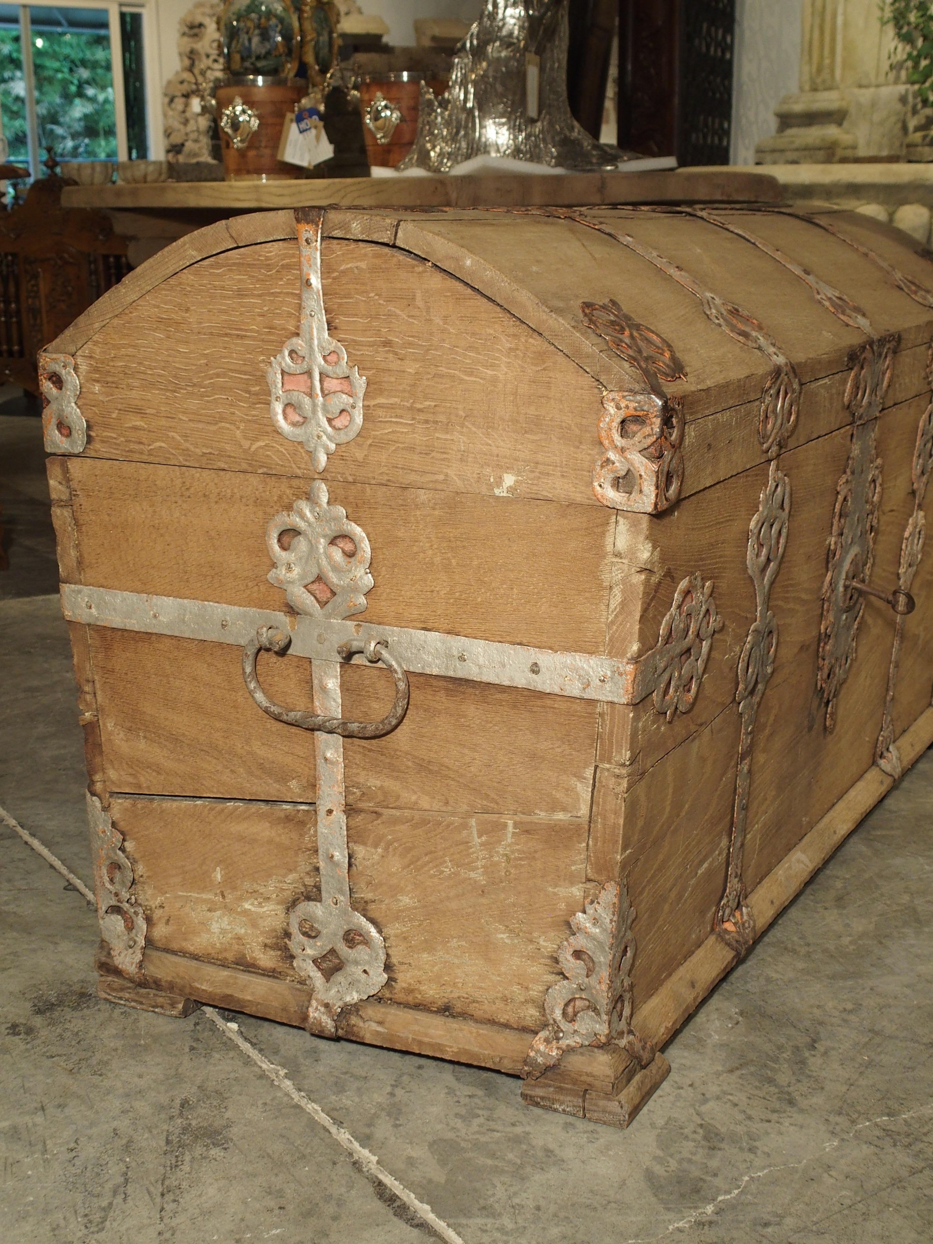 18th Century Stripped Alsacien Oak Trunk with Parcel Silver Paint Hardware, circa 1790
