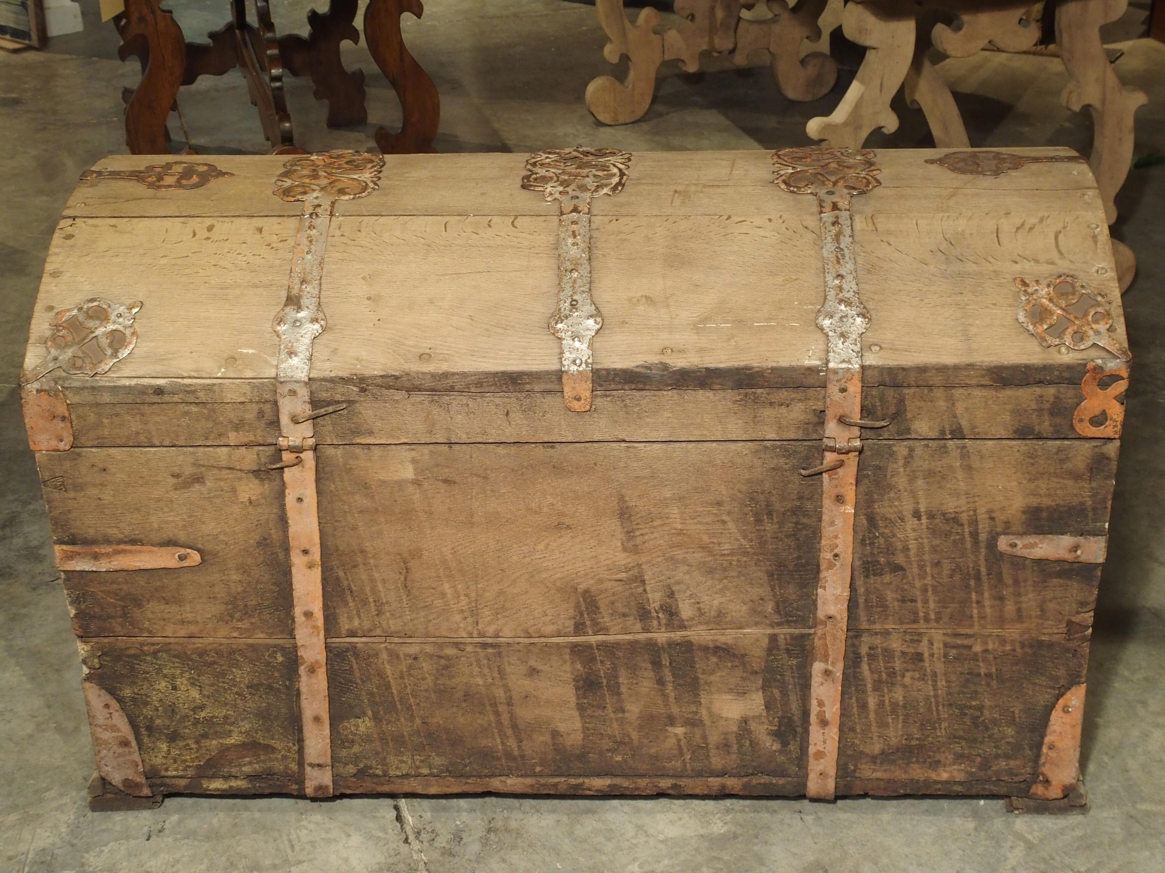 Wrought Iron Stripped Alsacien Oak Trunk with Parcel Silver Paint Hardware, circa 1790