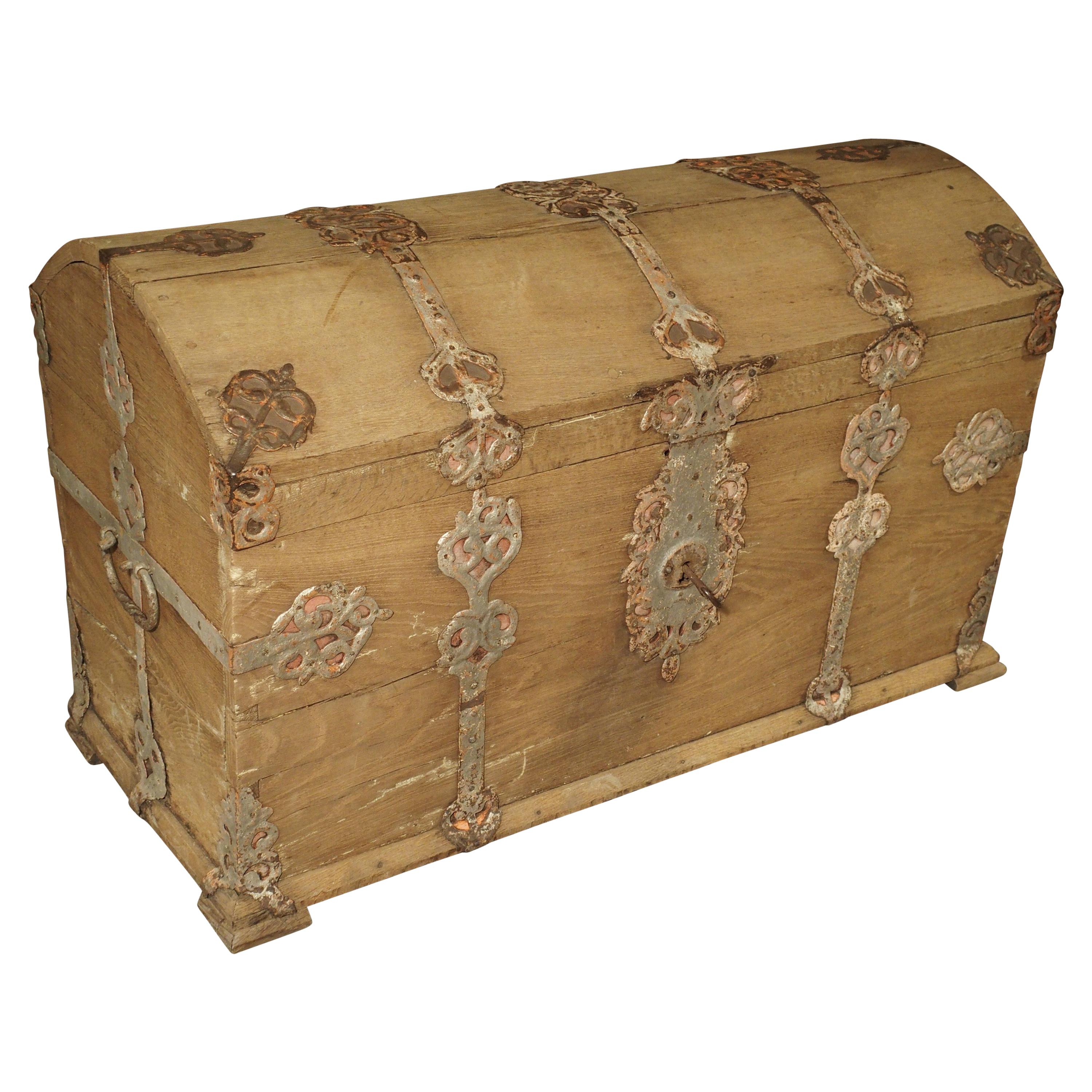 Stripped Alsacien Oak Trunk with Parcel Silver Paint Hardware, circa 1790