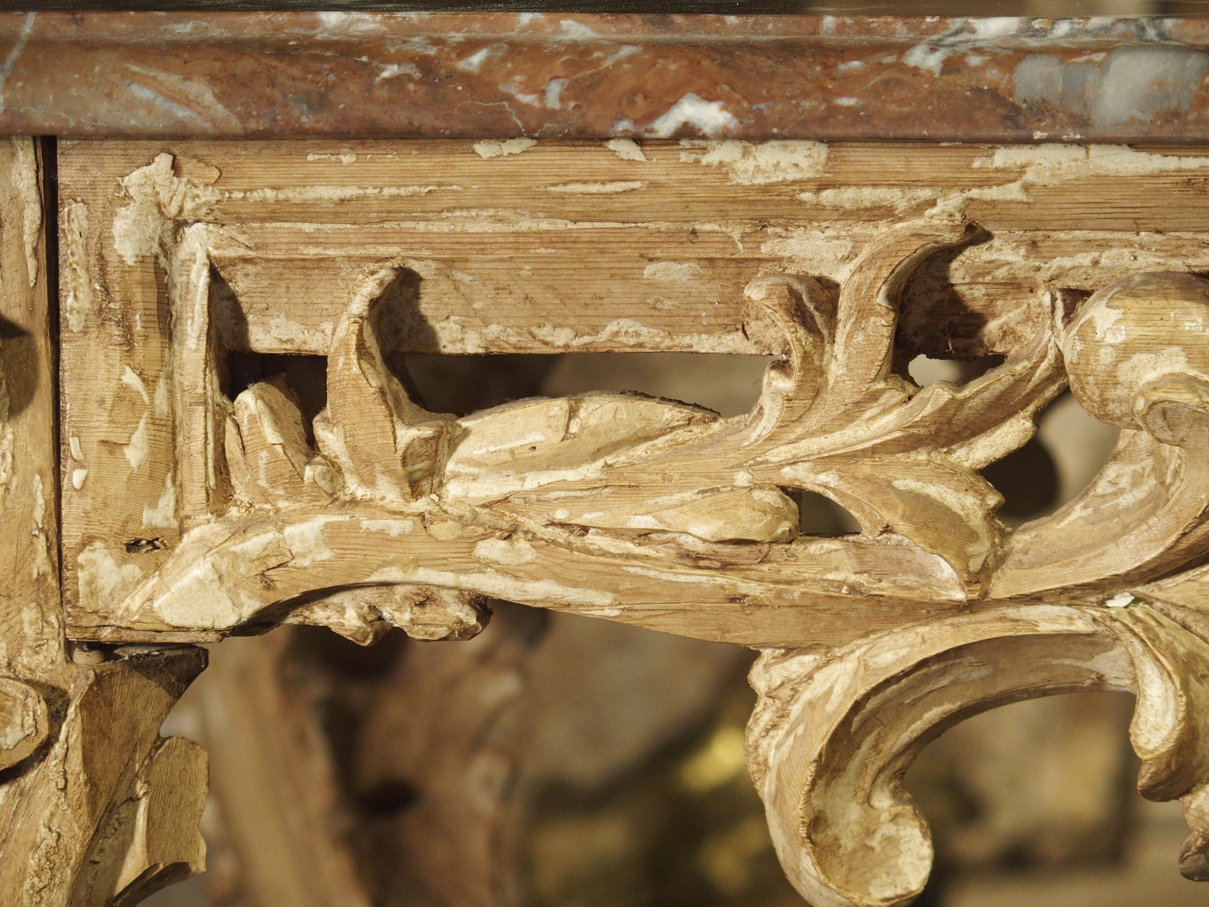 Hand-Carved Stripped and Parcel Paint French Rococo Style Center Table with Rouge Marble Top