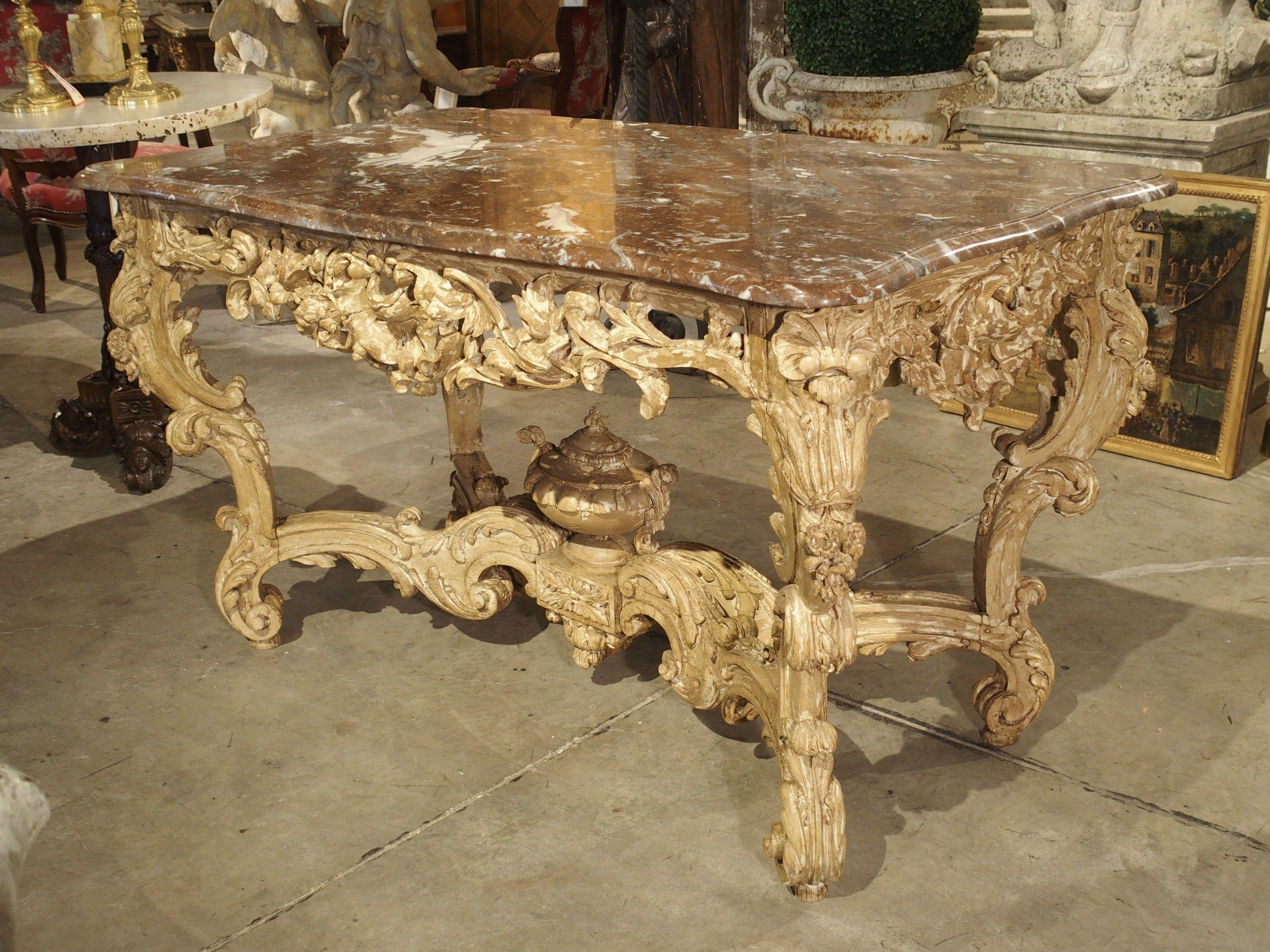 Louis XV Stripped and Parcel Paint French Rococo Style Center Table with Rouge Marble Top For Sale