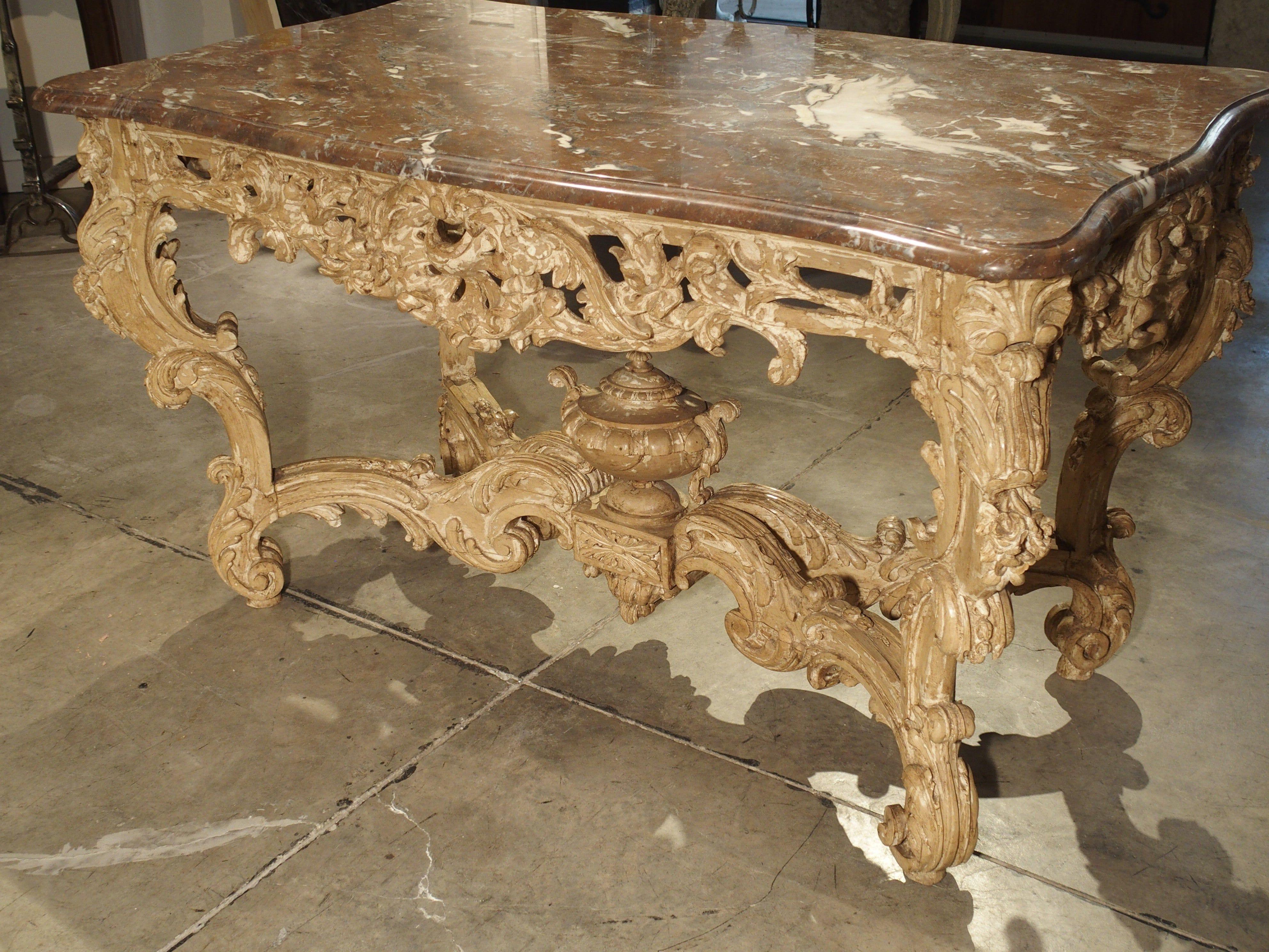 Hand-Carved Stripped and Parcel Paint French Rococo Style Center Table with Rouge Marble Top For Sale