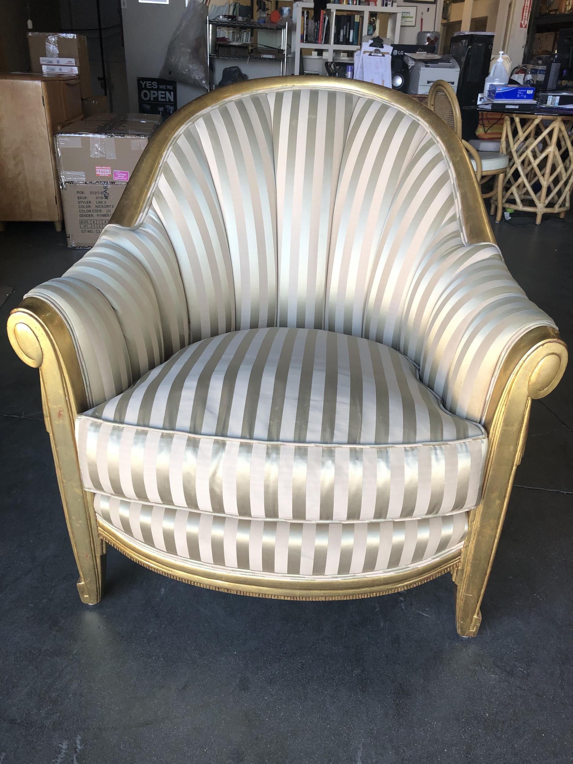 American Stripped Gold-Tone Hollywood Regency Shell Back Lounge Armchair