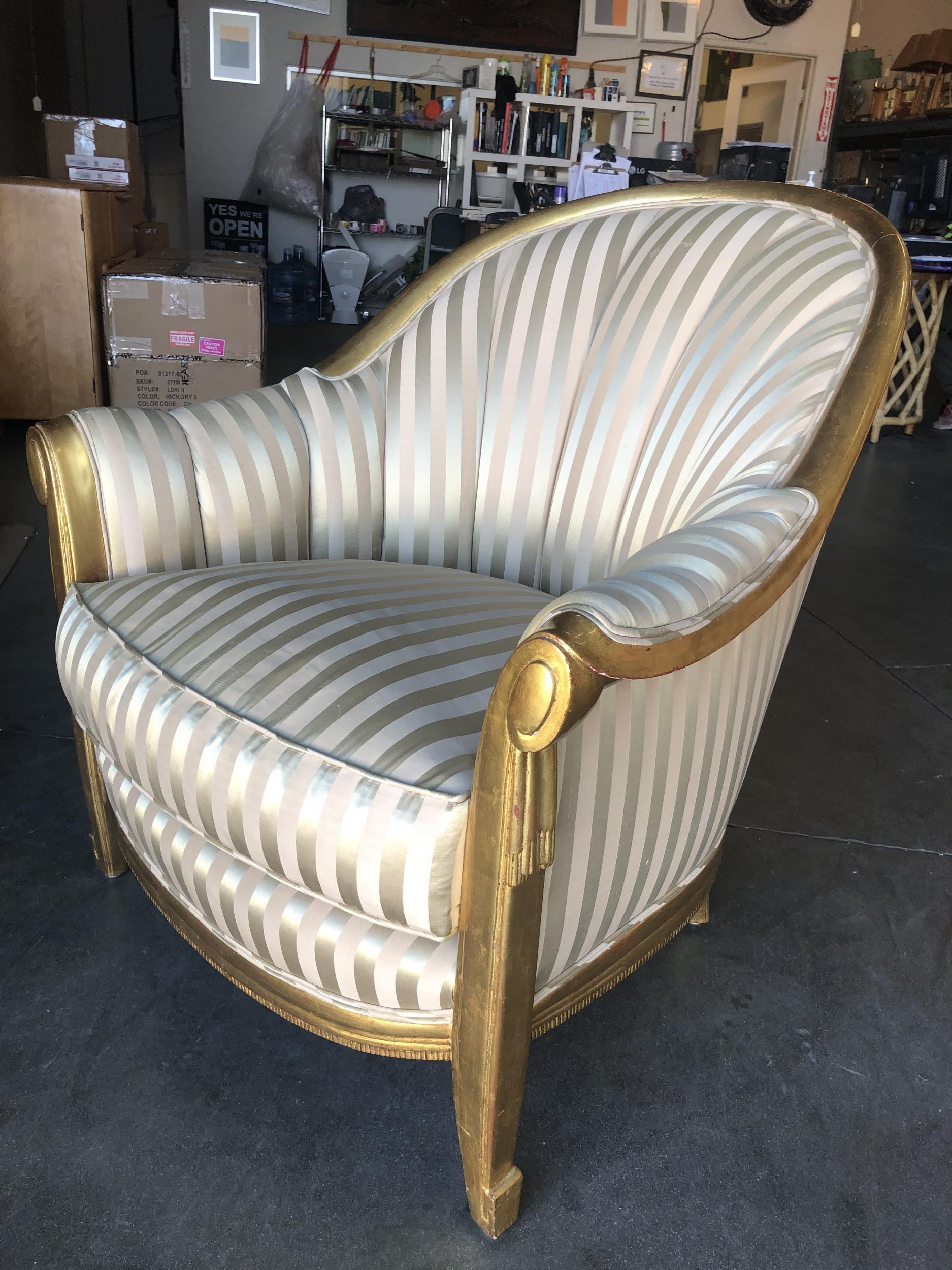 Stripped Gold-Tone Hollywood Regency Shell Back Lounge Armchair In Excellent Condition In Van Nuys, CA
