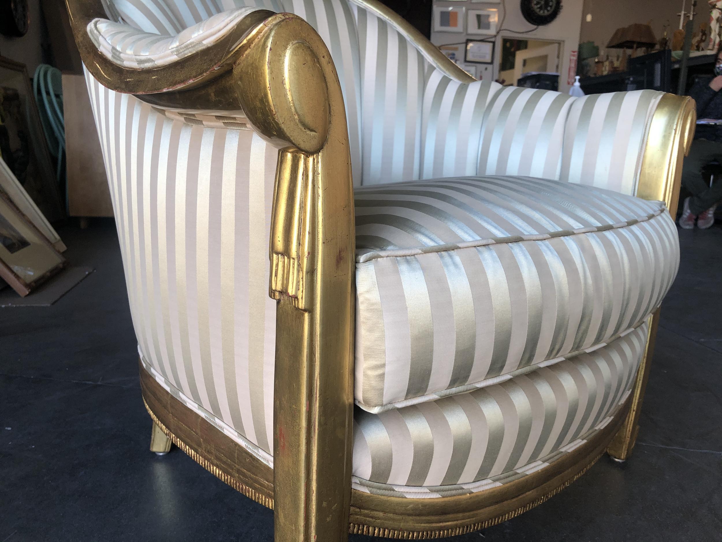 Wood Stripped Gold-Tone Hollywood Regency Shell Back Lounge Armchair