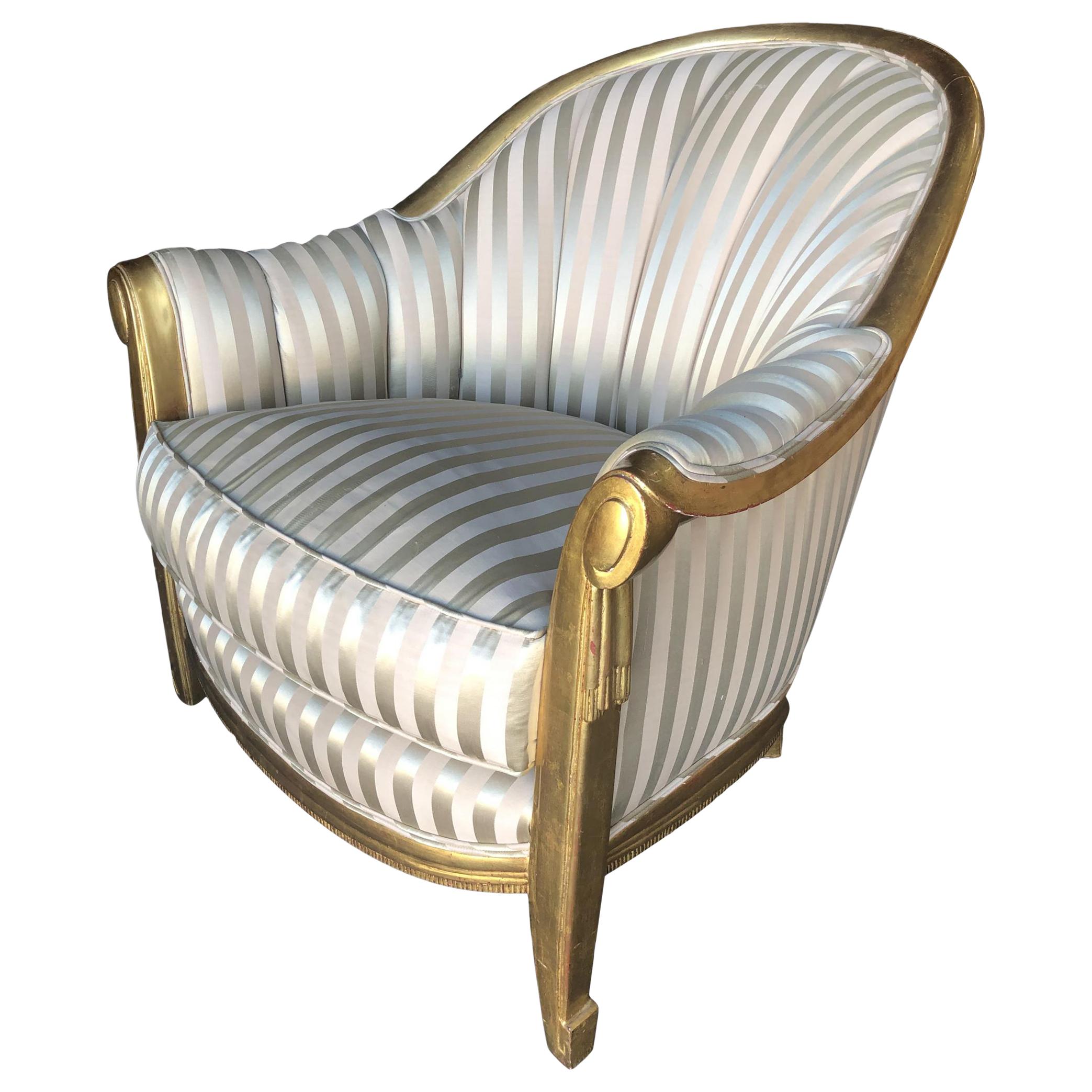 Stripped Gold-Tone Hollywood Regency Shell Back Lounge Armchair