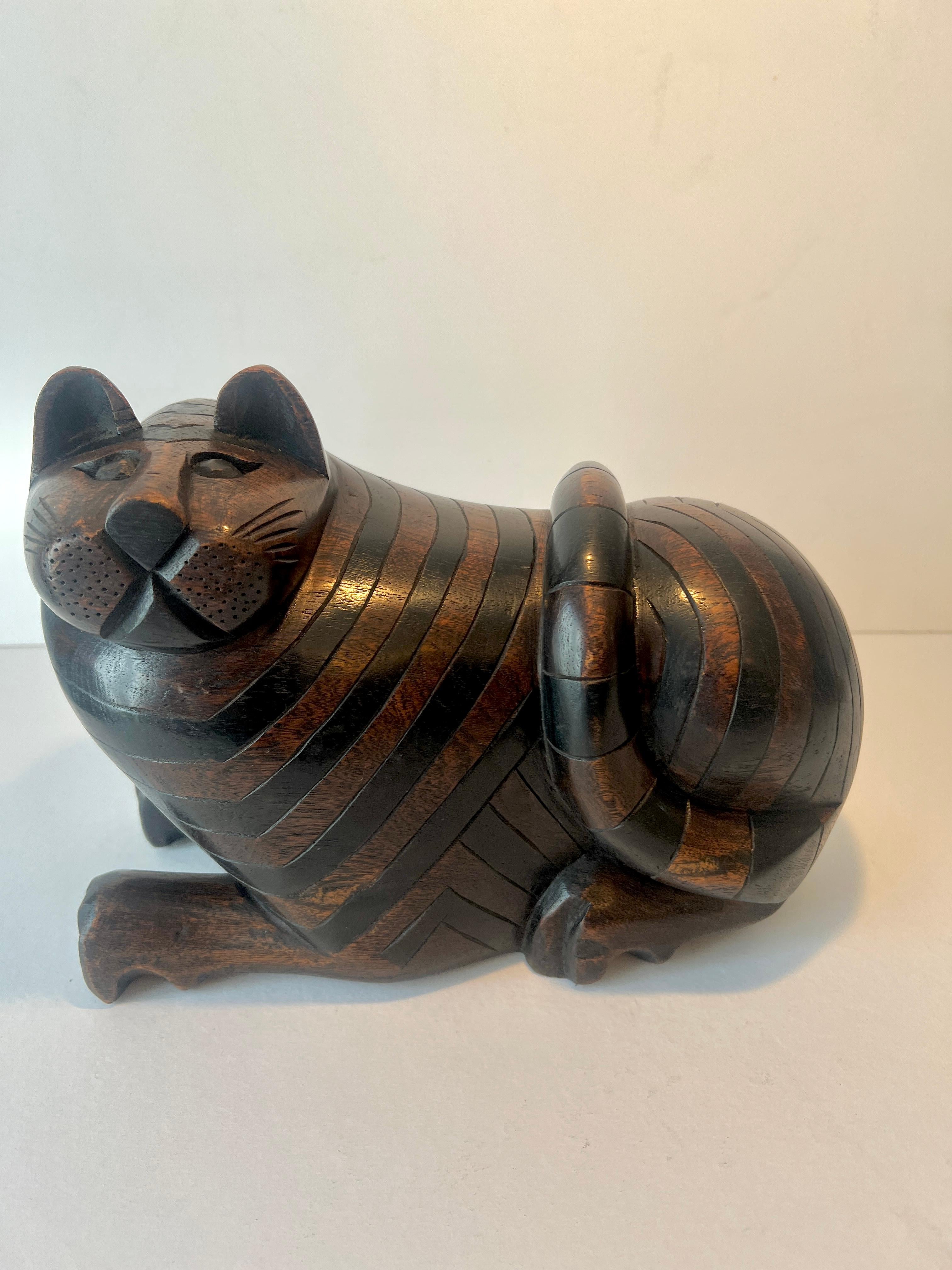 Folk Art Stripped Hand Carved Stash Box Cat For Sale