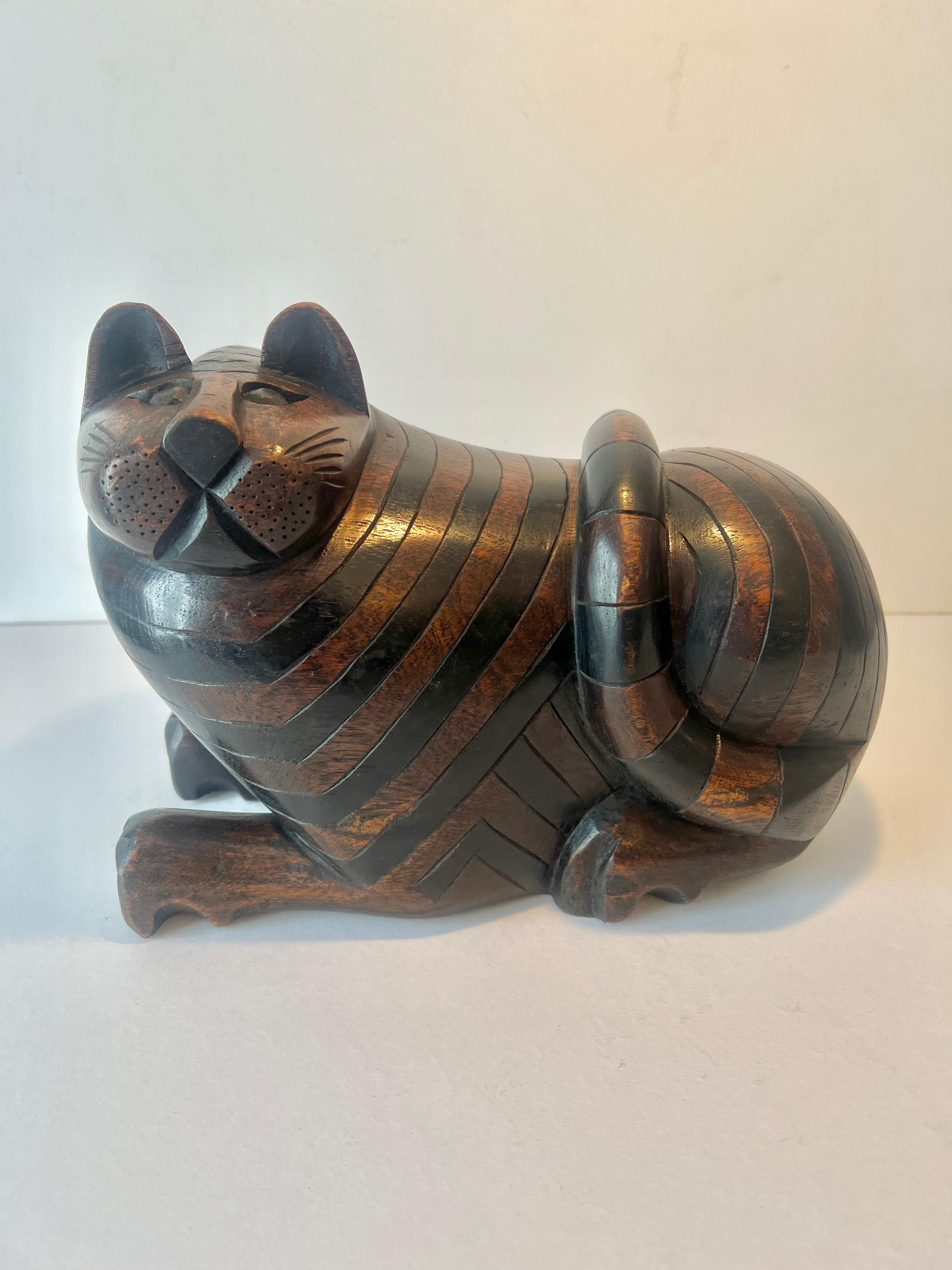 Hand-Carved Stripped Hand Carved Stash Box Cat For Sale