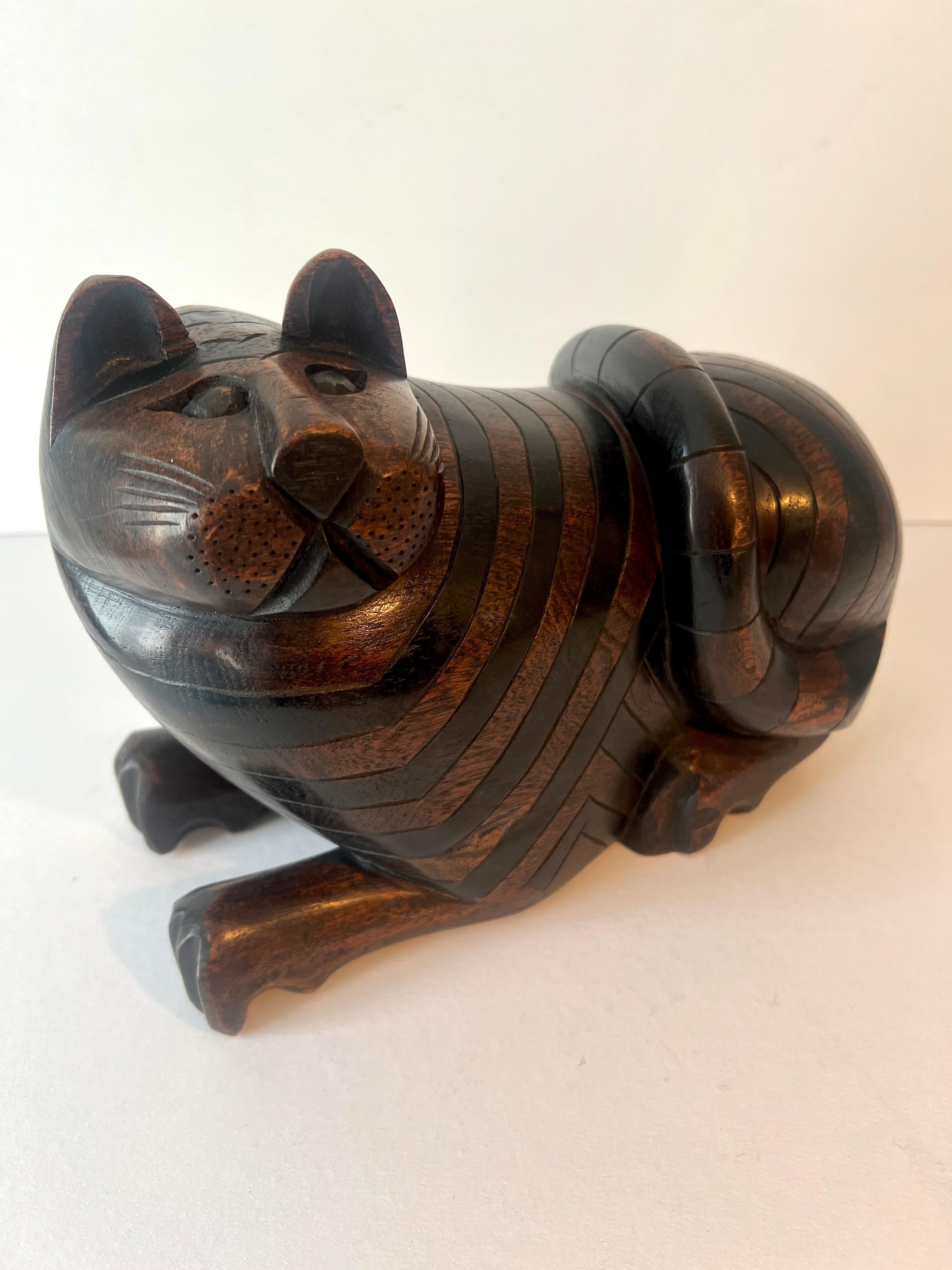 20th Century Stripped Hand Carved Stash Box Cat For Sale