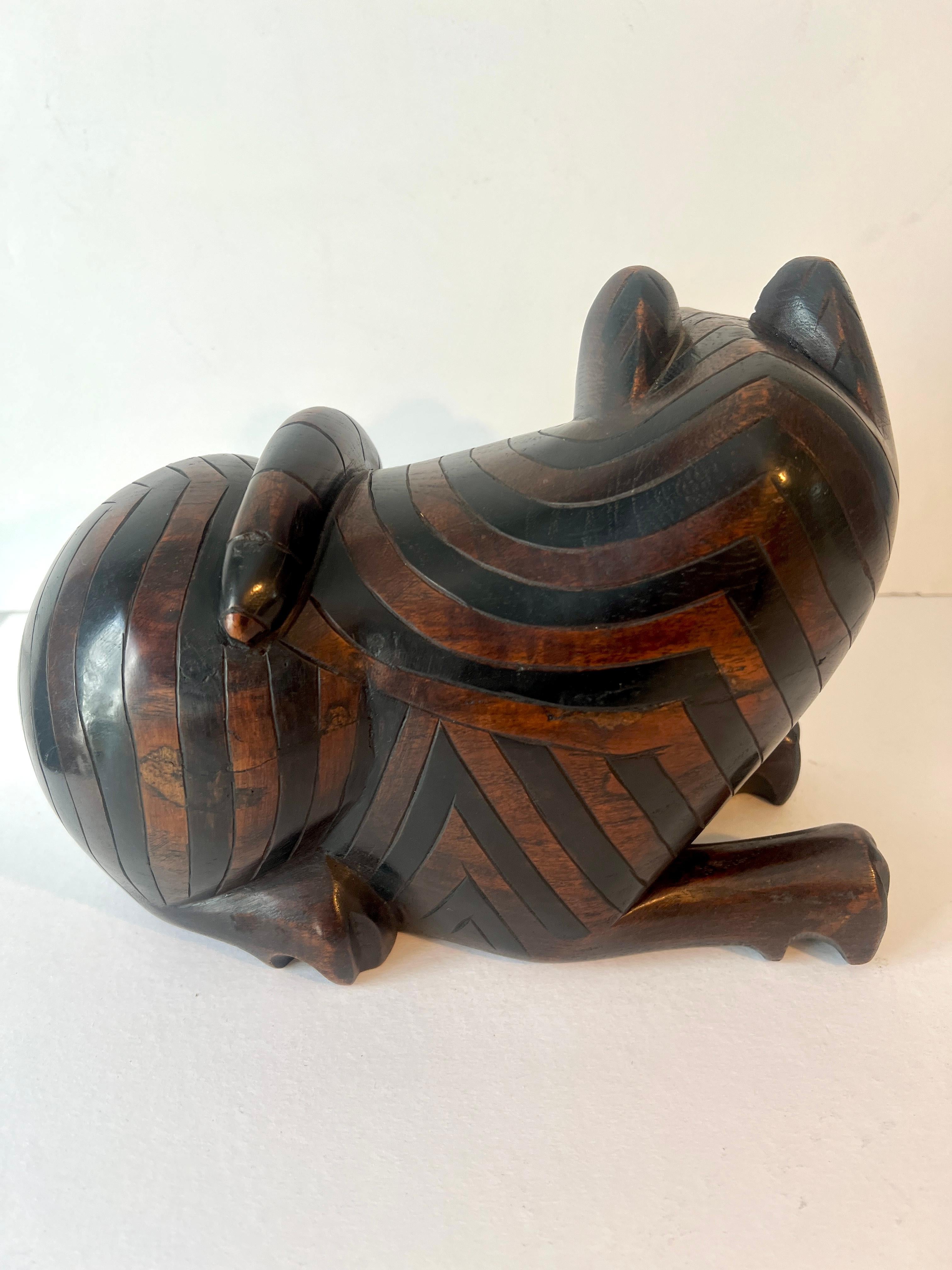Wood Stripped Hand Carved Stash Box Cat For Sale