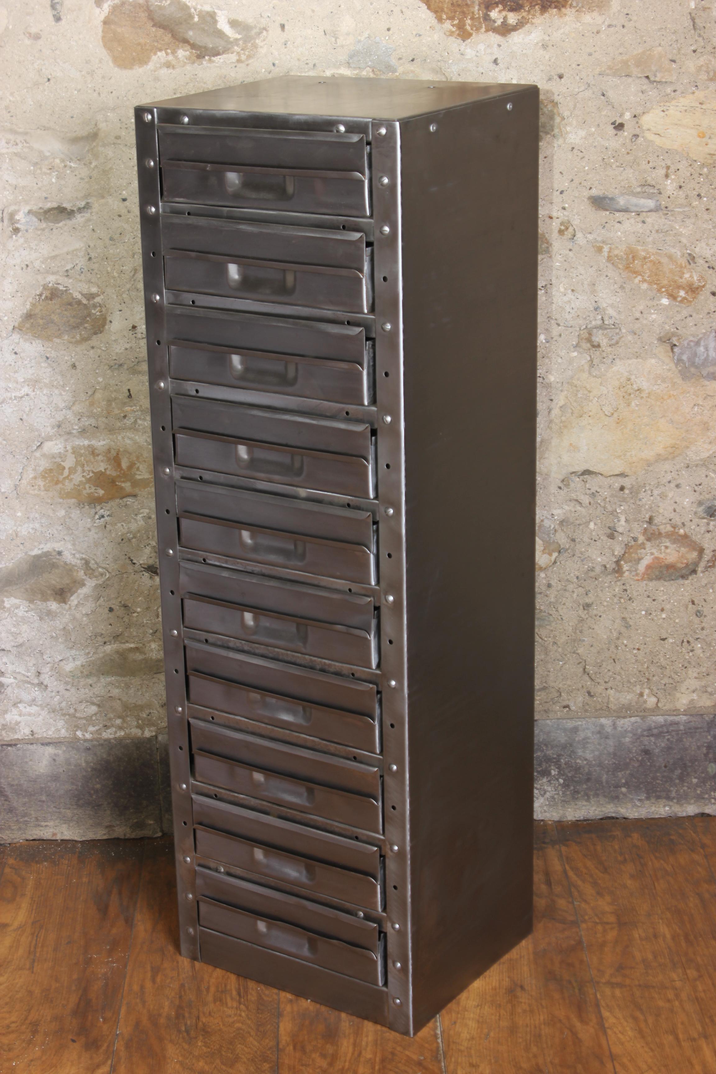 British Stripped Metal 10-Drawer Engineers Workshop Cabinet Storage Cabinet Haberdashery For Sale