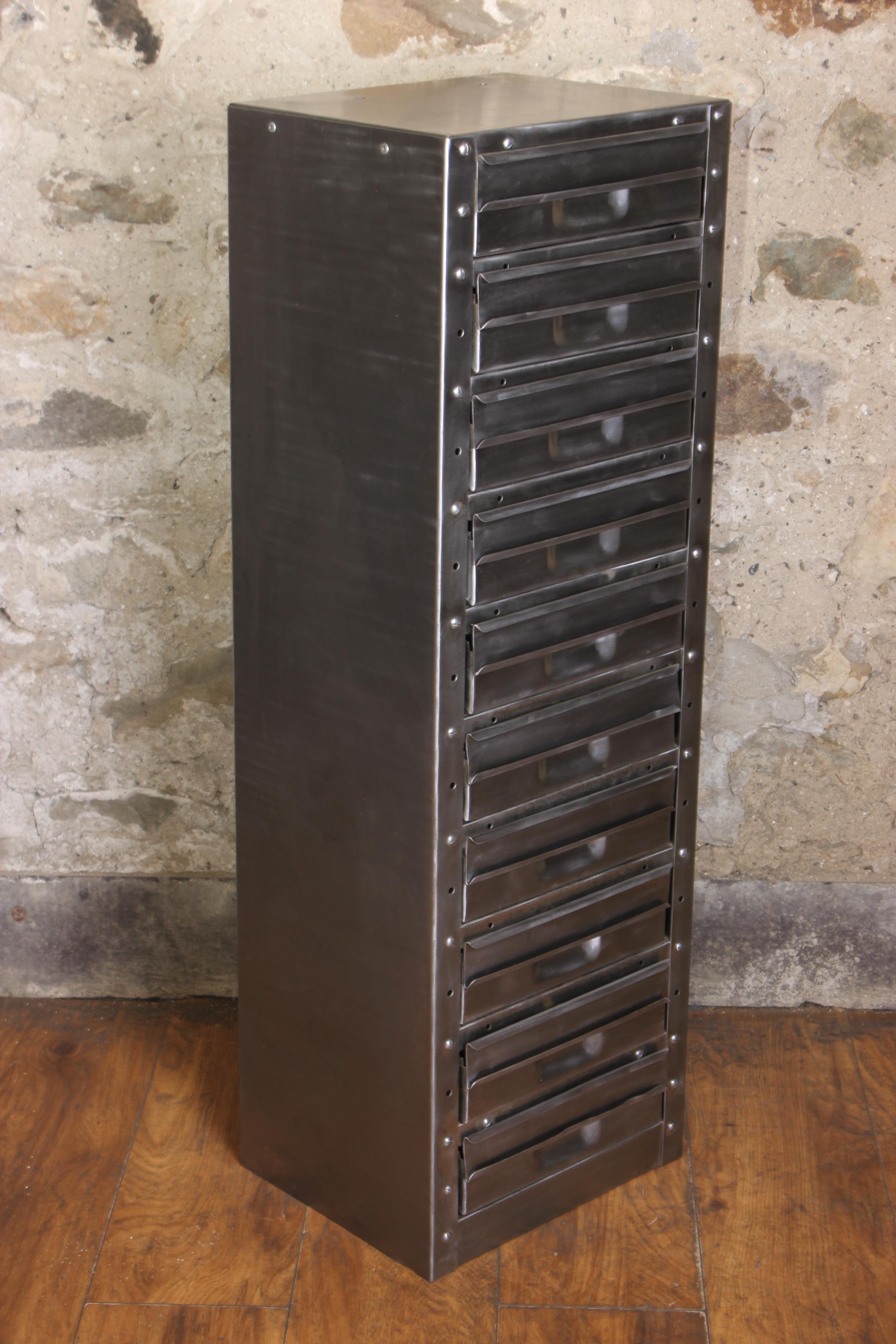Machine-Made Stripped Metal 10-Drawer Engineers Workshop Cabinet Storage Cabinet Haberdashery For Sale