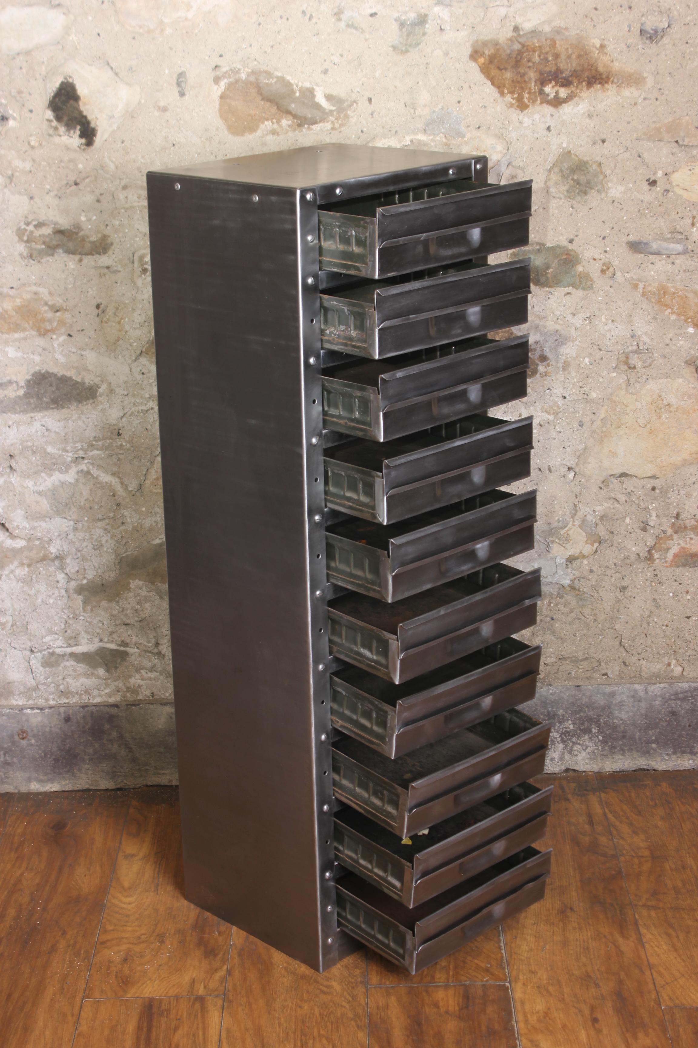 Mid-20th Century Stripped Metal 10-Drawer Engineers Workshop Cabinet Storage Cabinet Haberdashery For Sale