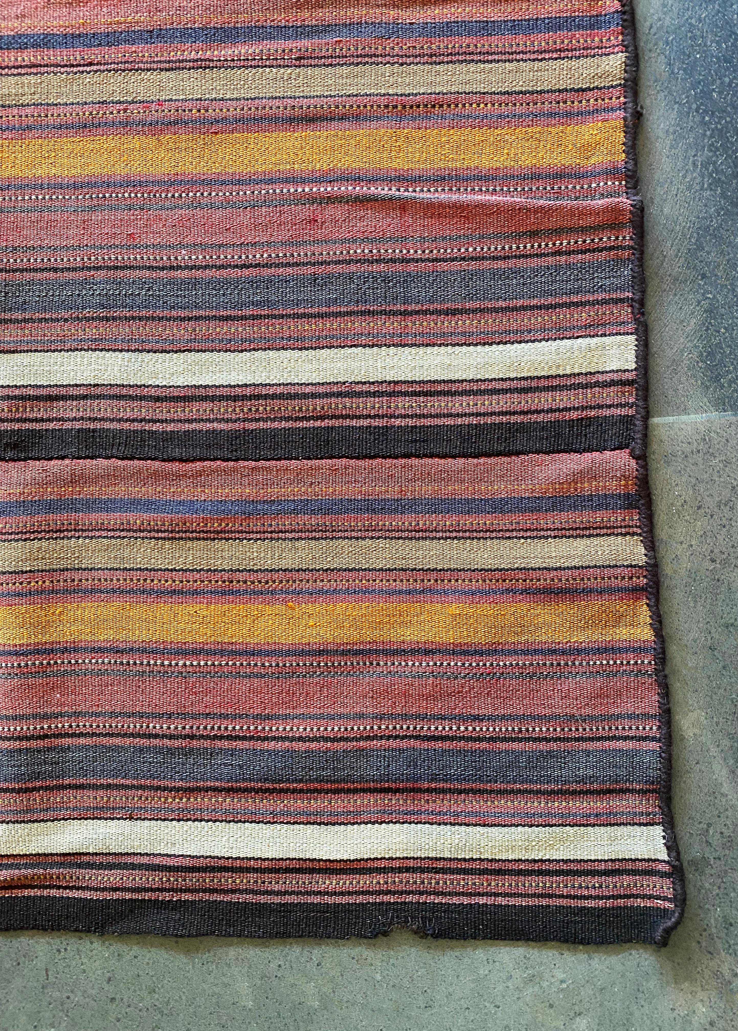 Hand-Knotted Striped, Multicoloured Turkish Wool Kilim Rug, Early 20th Century For Sale