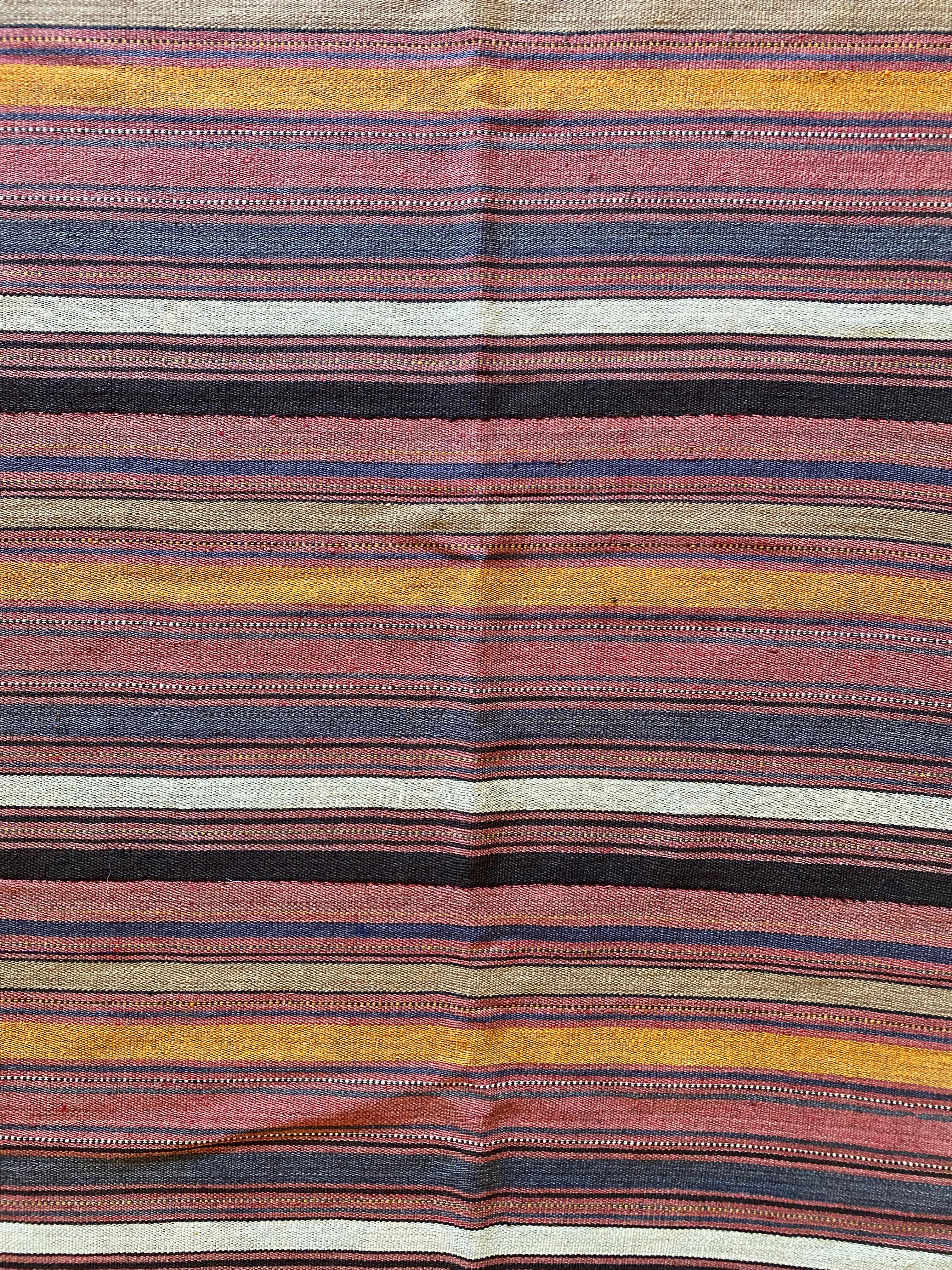 Striped, Multicoloured Turkish Wool Kilim Rug, Early 20th Century In Fair Condition For Sale In Jimbaran, Bali