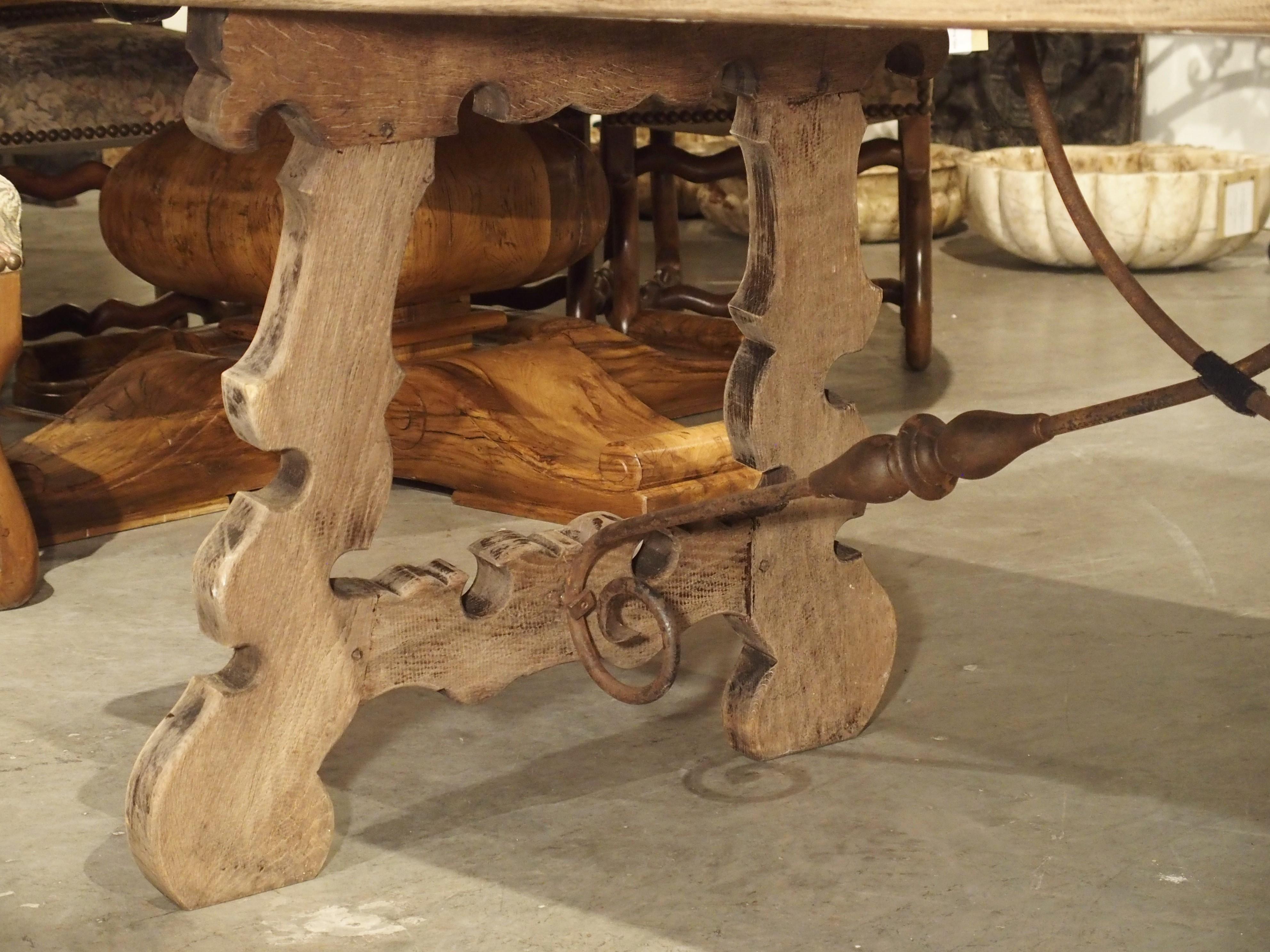 Stripped Oak Dining Table with Wrought Iron Stretchers from Spain, 20th Century 6