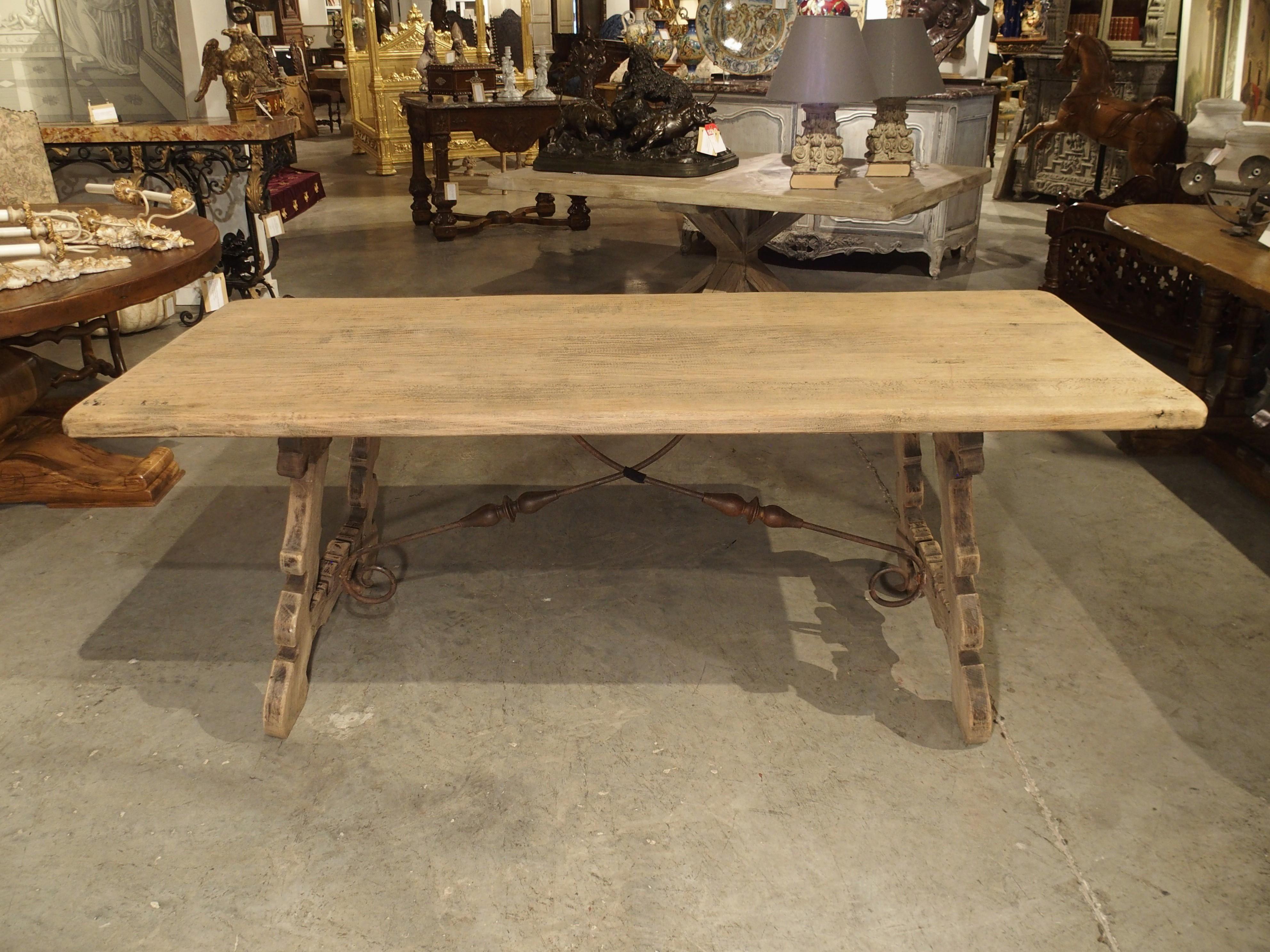 Stripped Oak Dining Table with Wrought Iron Stretchers from Spain, 20th Century 9