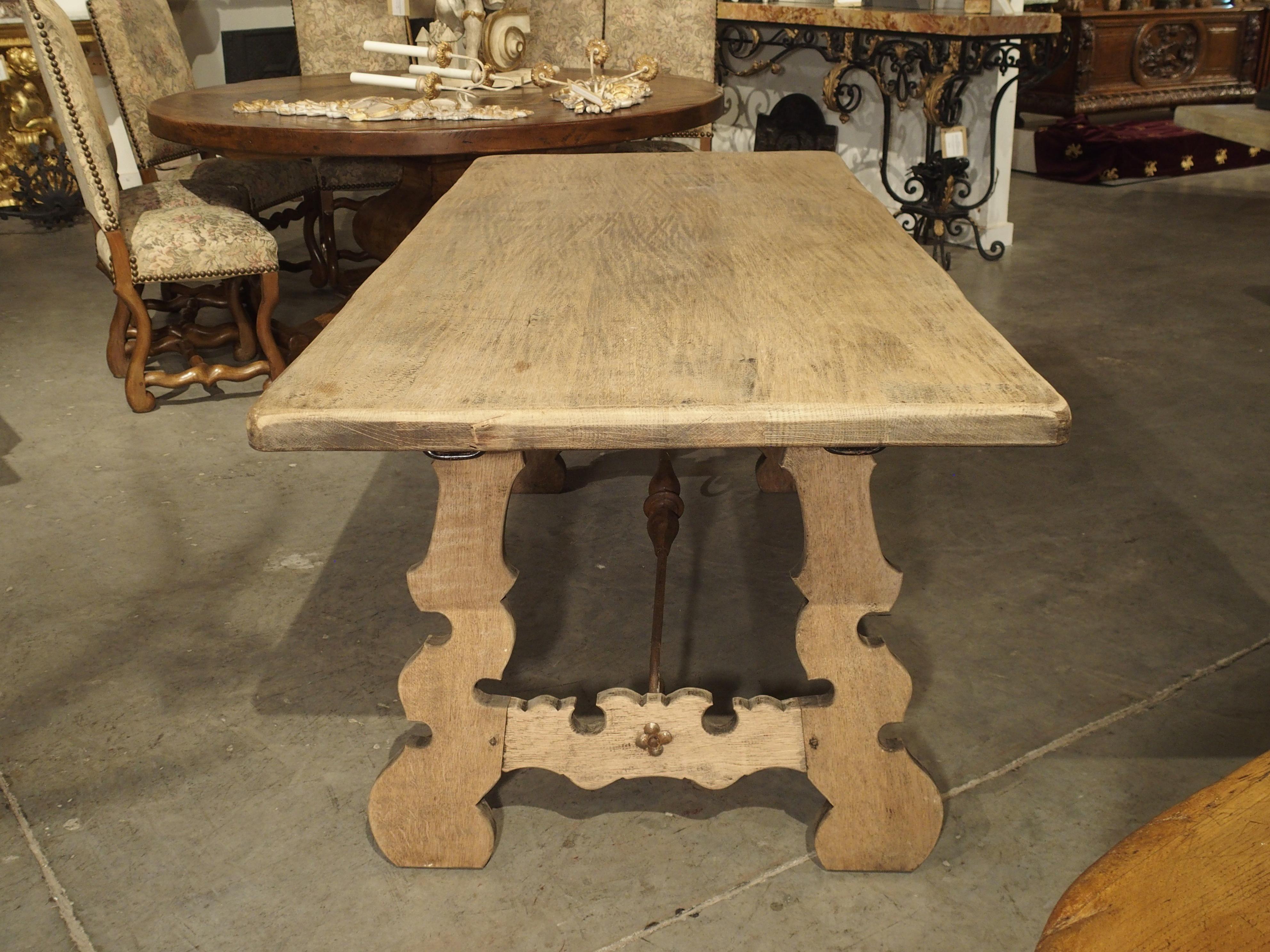 Stripped Oak Dining Table with Wrought Iron Stretchers from Spain, 20th Century 12
