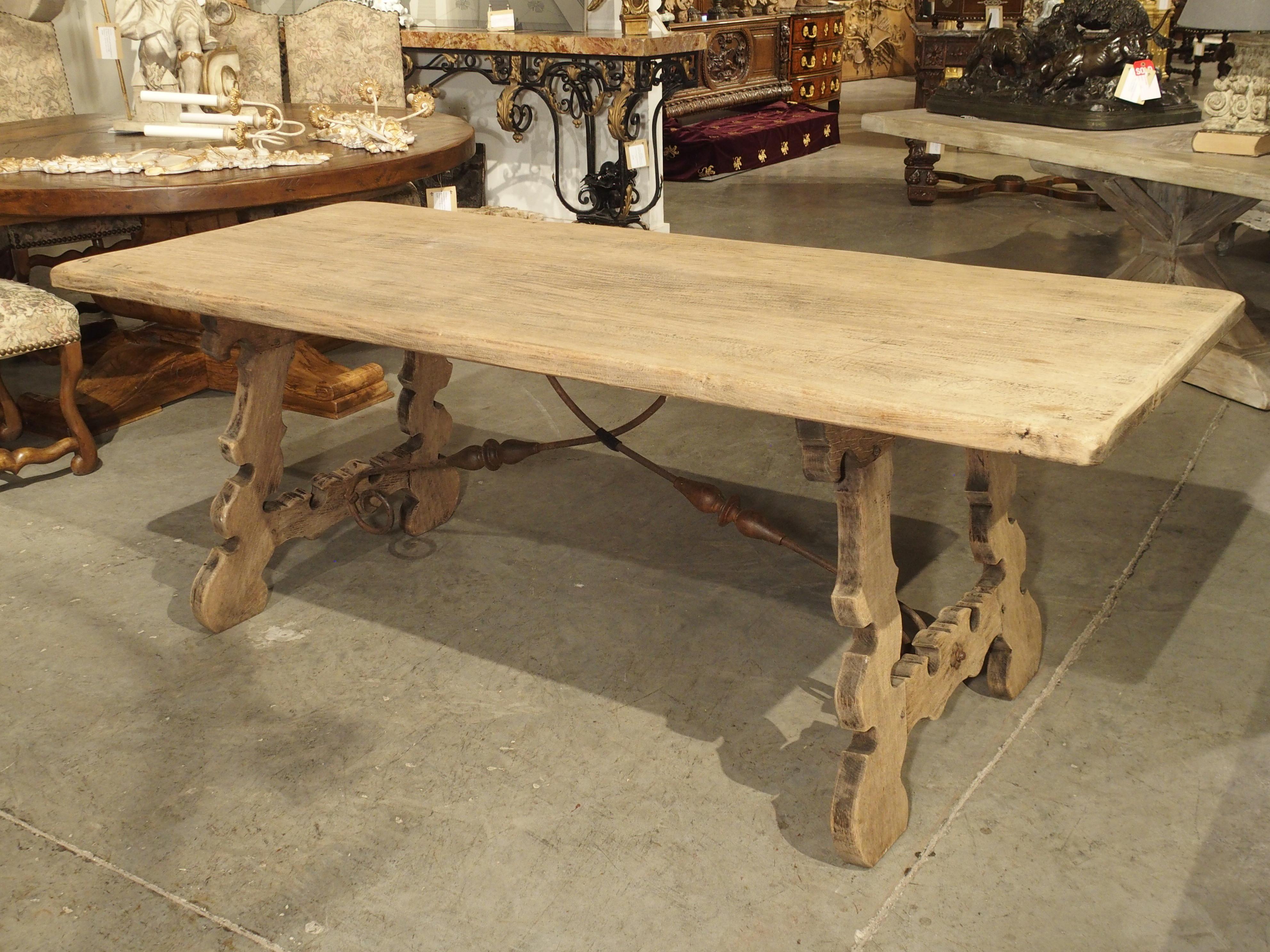 Stripped Oak Dining Table with Wrought Iron Stretchers from Spain, 20th Century 13