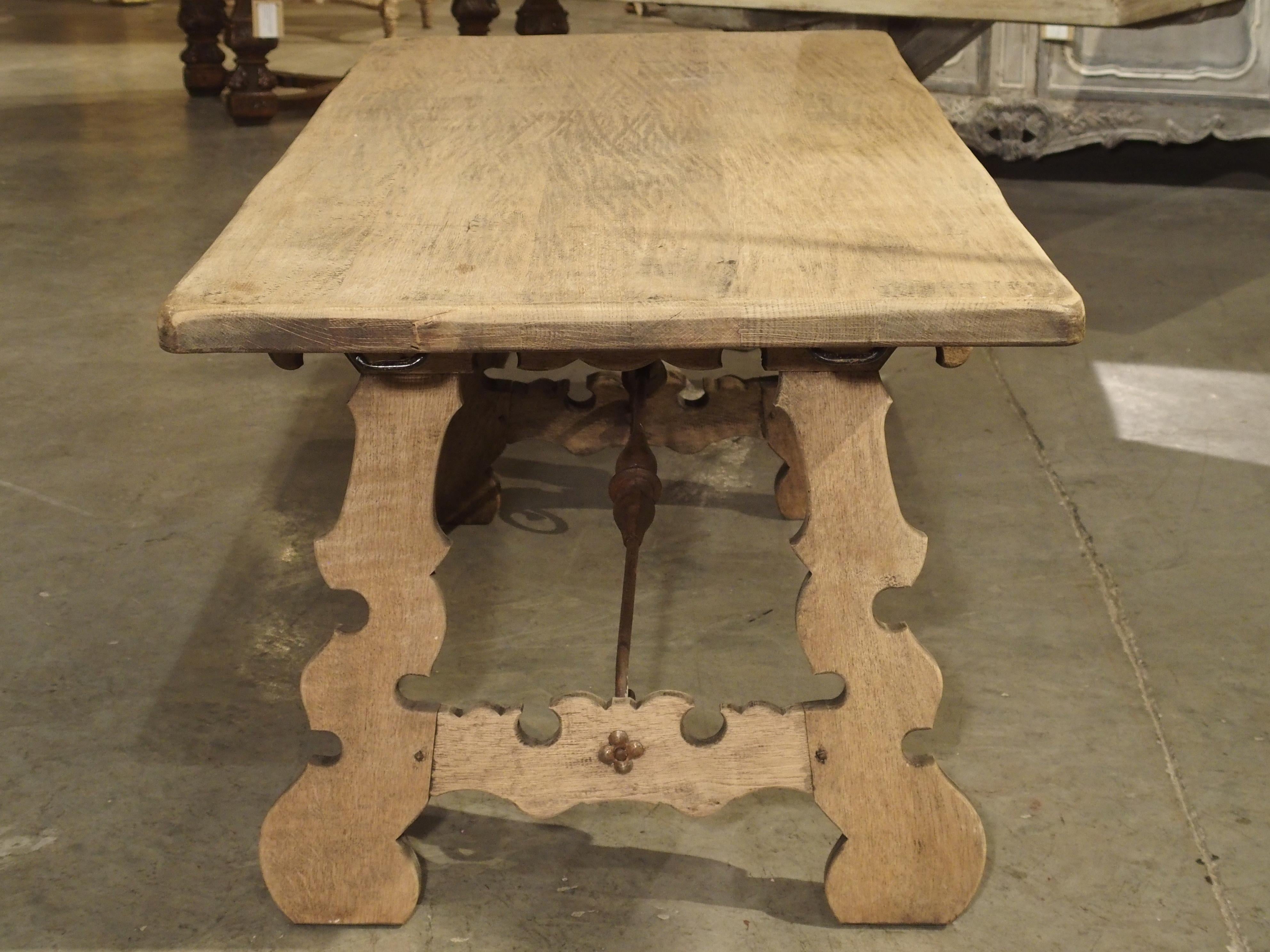 Spanish Stripped Oak Dining Table with Wrought Iron Stretchers from Spain, 20th Century