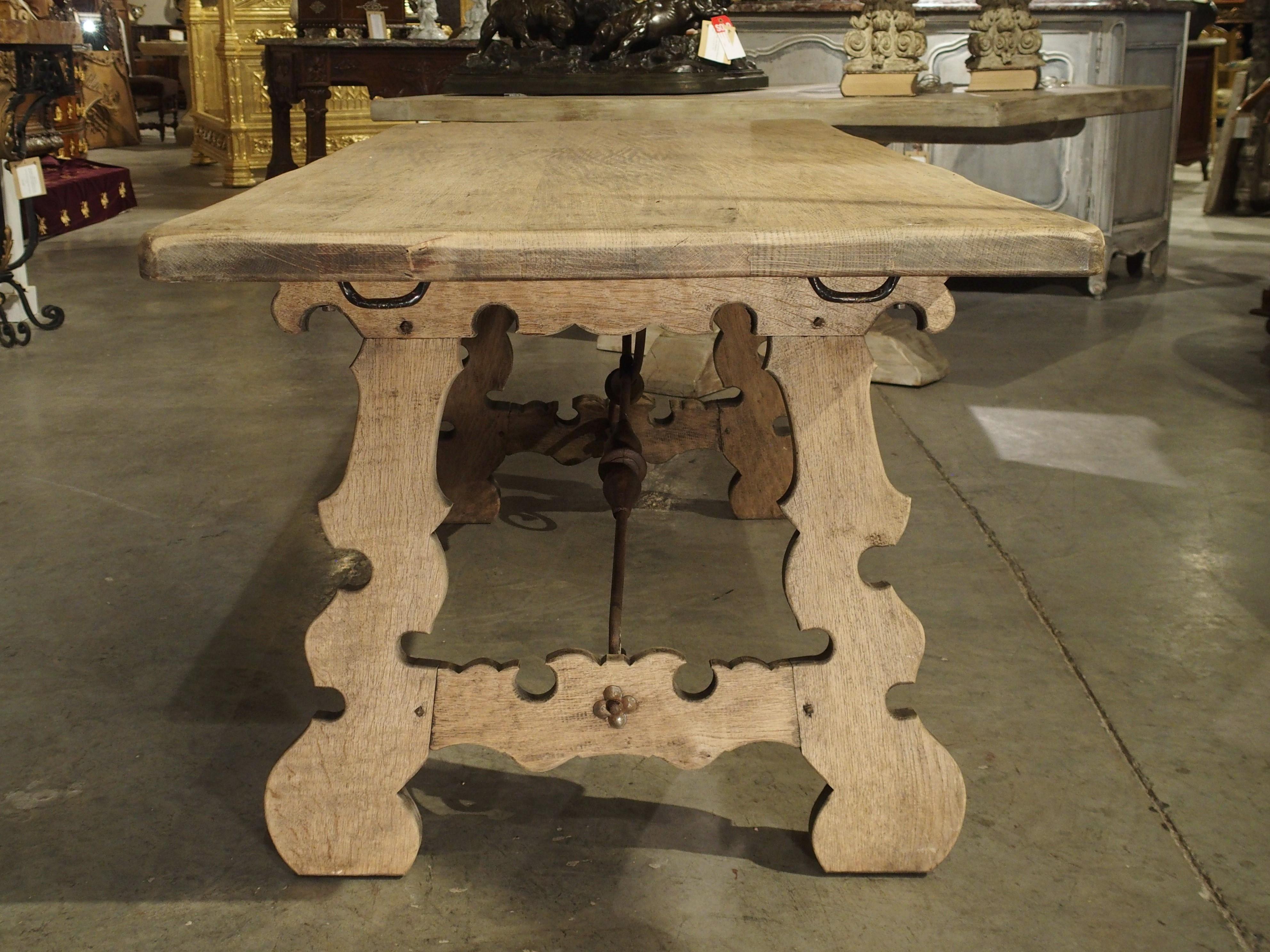 Stripped Oak Dining Table with Wrought Iron Stretchers from Spain, 20th Century 1