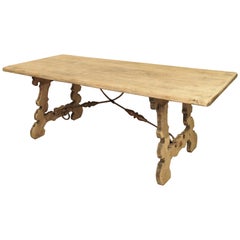 Stripped Oak Dining Table with Wrought Iron Stretchers from Spain, 20th Century