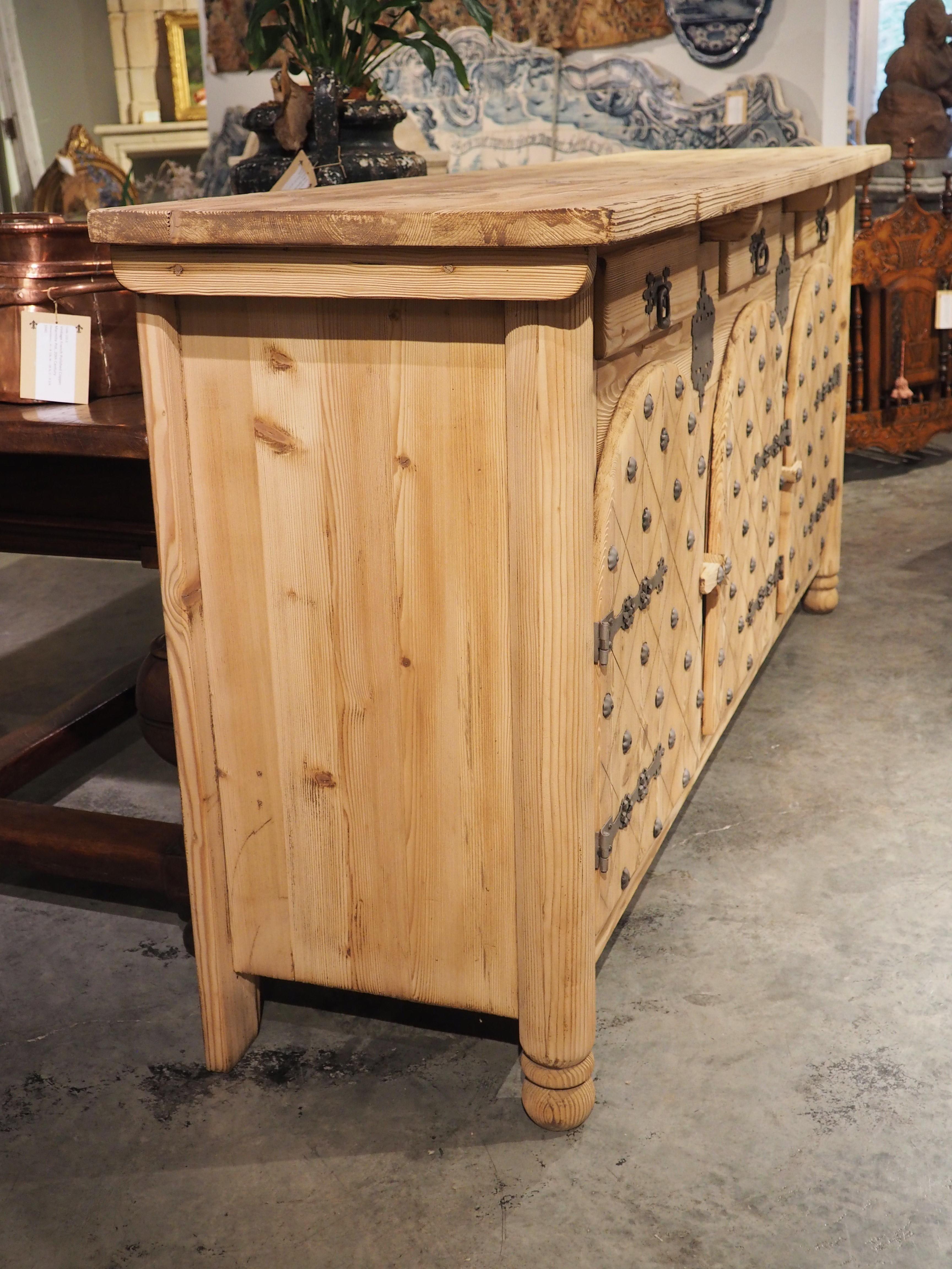 Stripped Pine Credenza from Spain with Arched Doors and Decorative Nailheads 4