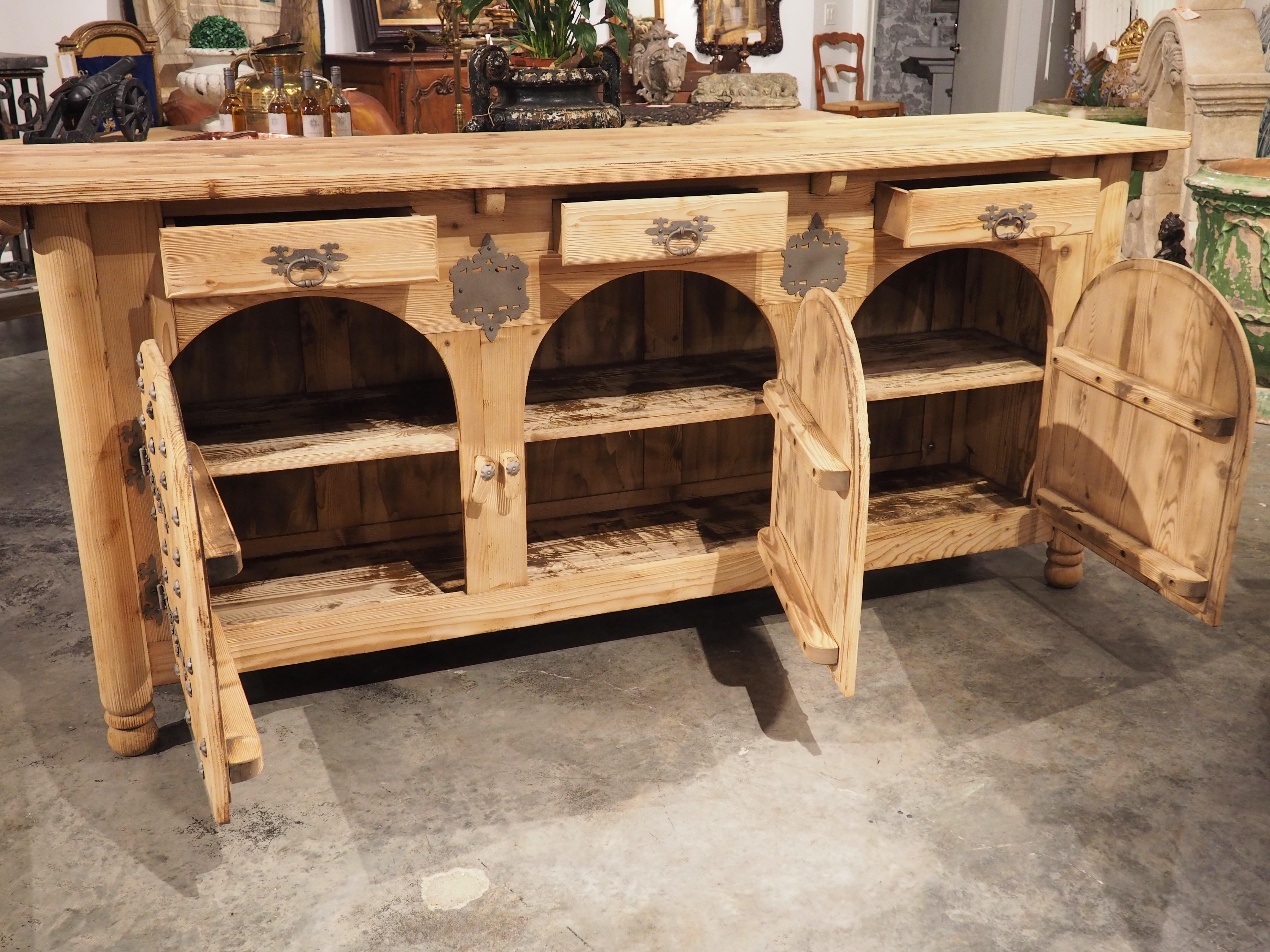 Stripped Pine Credenza from Spain with Arched Doors and Decorative Nailheads 9