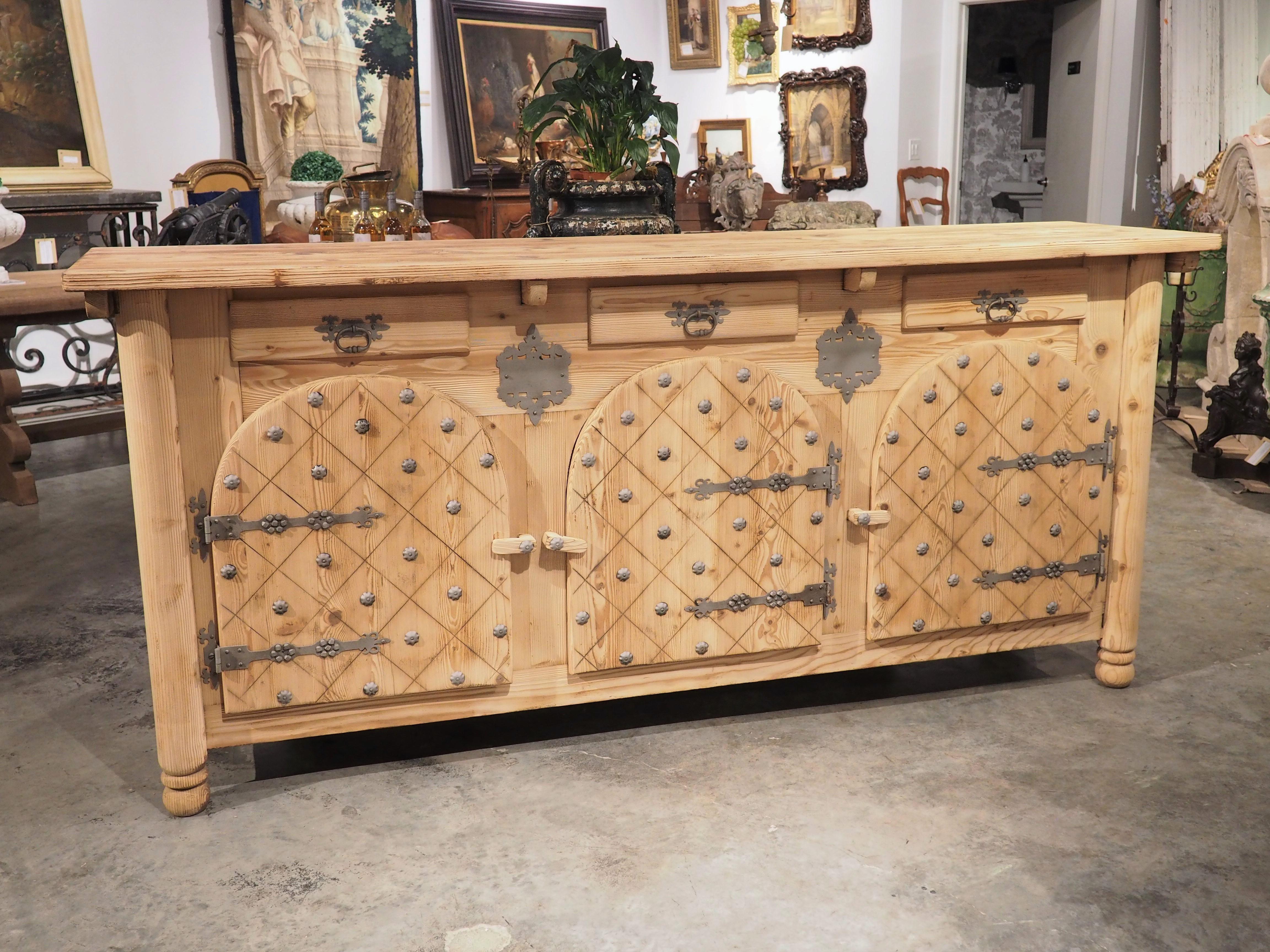 Stripped Pine Credenza from Spain with Arched Doors and Decorative Nailheads 11