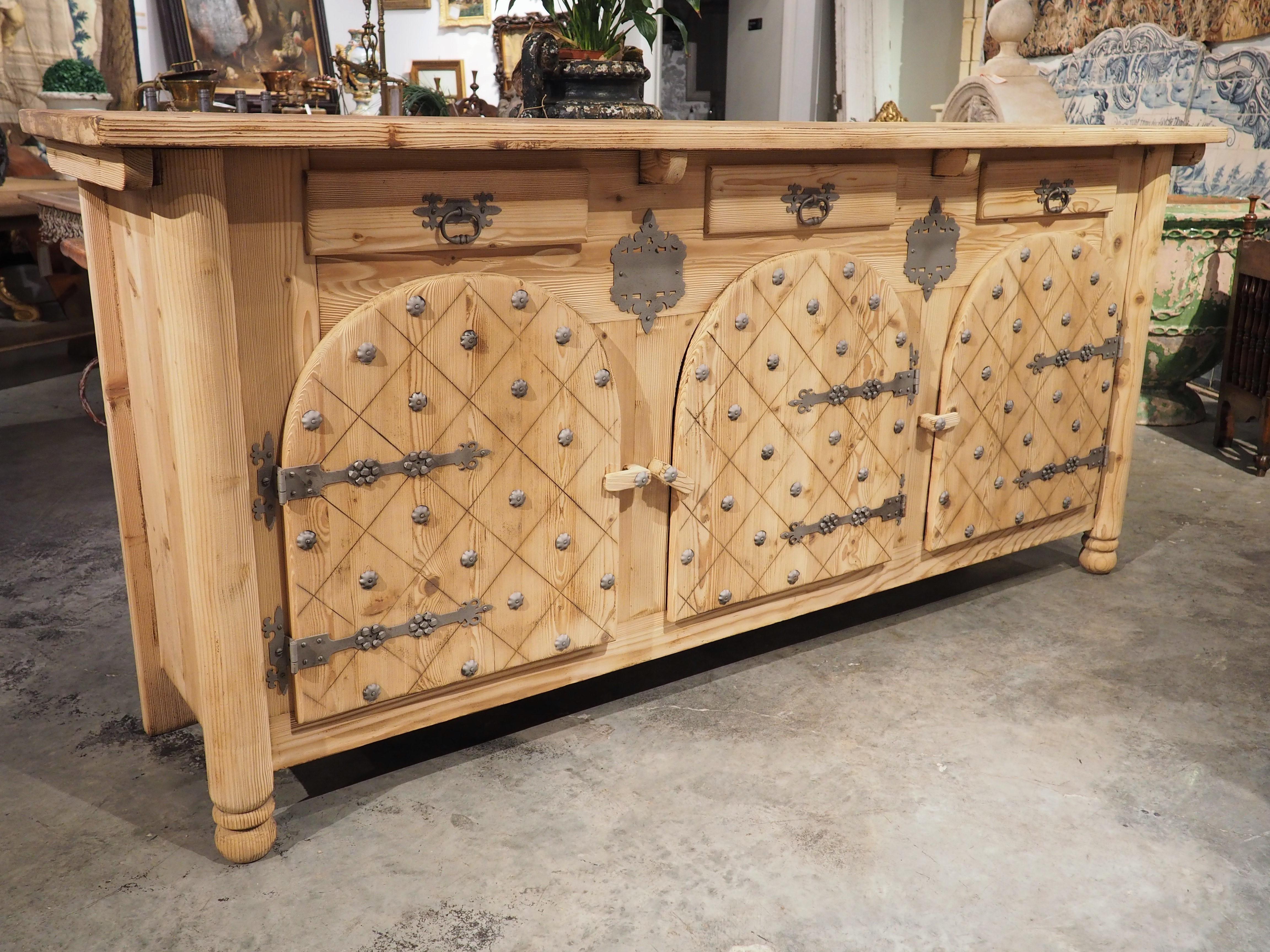 Spanish Stripped Pine Credenza from Spain with Arched Doors and Decorative Nailheads