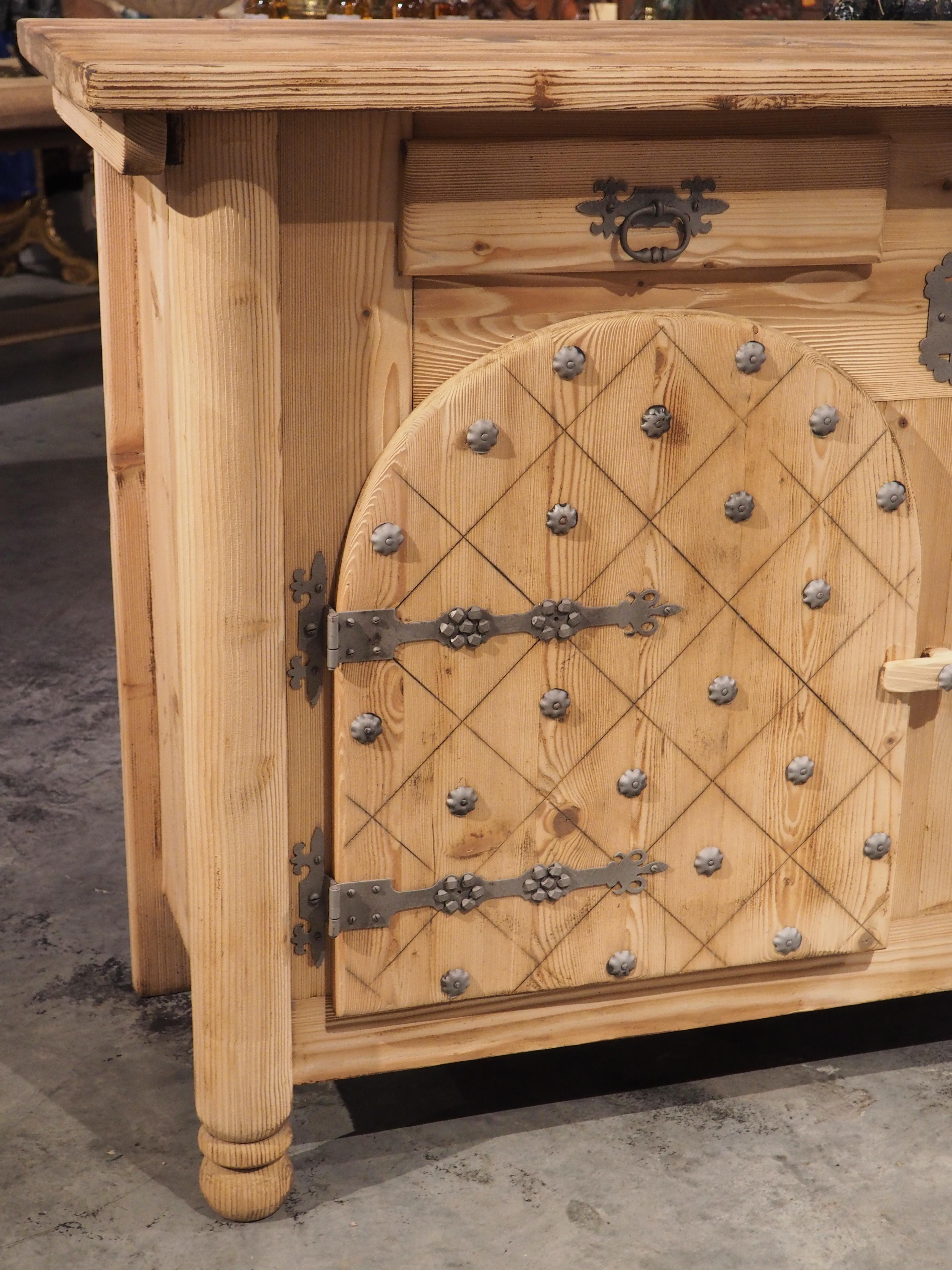 Bleached Stripped Pine Credenza from Spain with Arched Doors and Decorative Nailheads