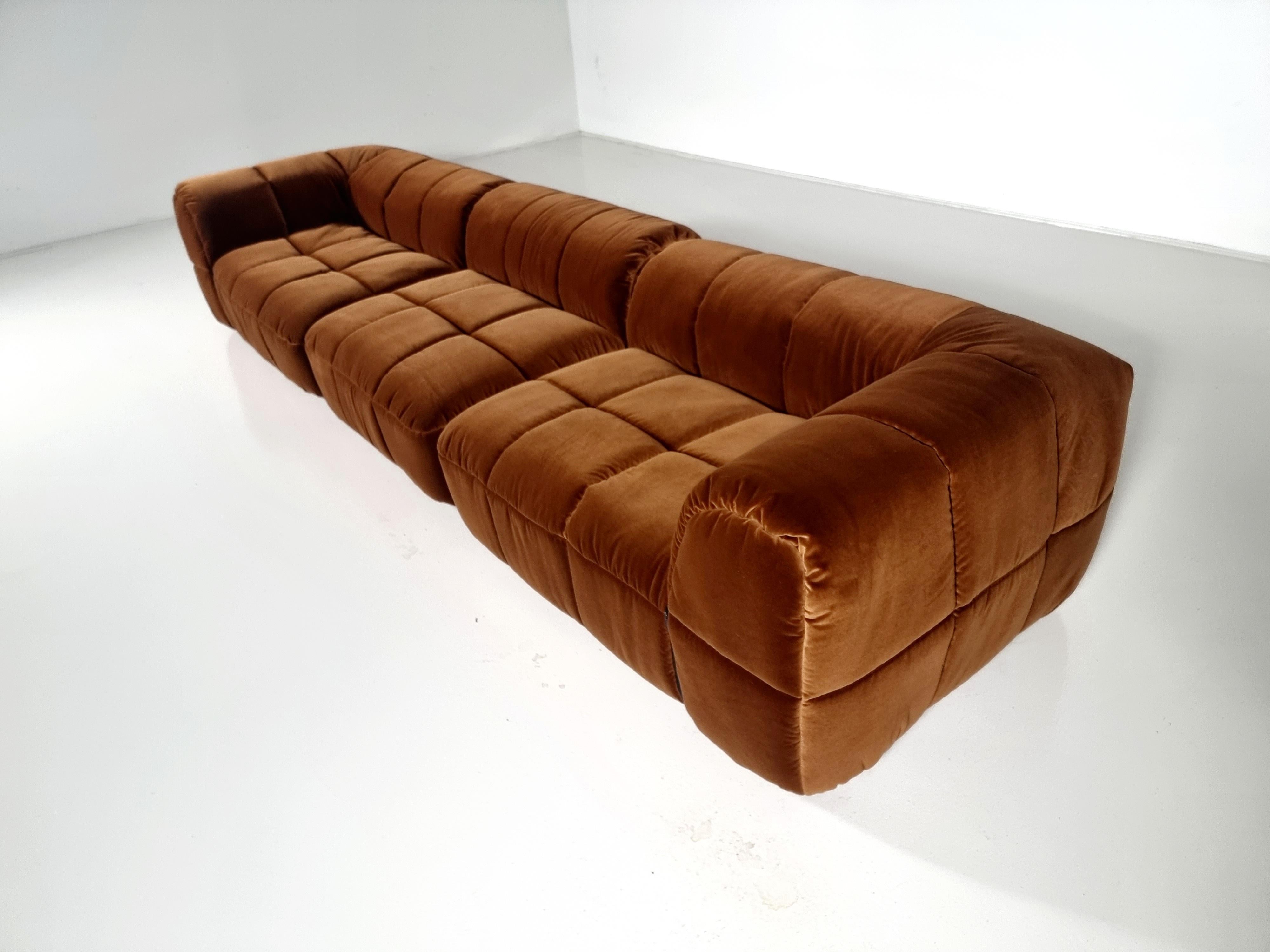 European Strips Sofa in caramel brown velvet by Cini Boeri for Arflex, 1970s