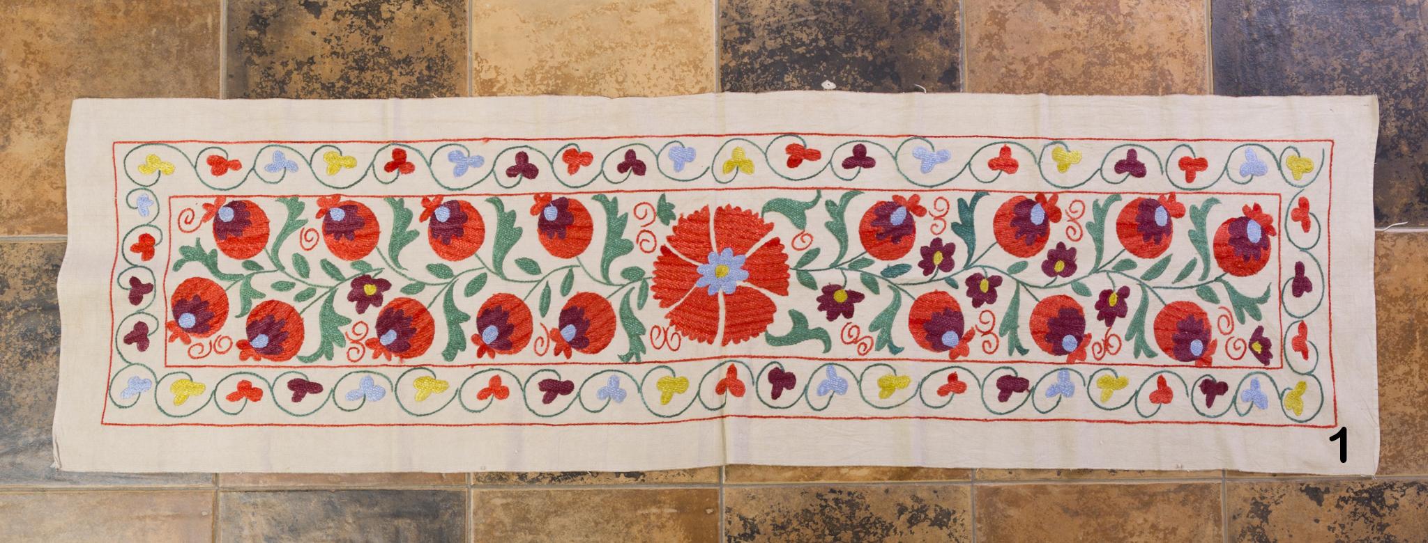 Original beautiful embroidered strips from the far Turkmenistan. Made by village women, they represent the flowers and nature around their tents: pomegranates are a symbol of health and fertility.
To be placed on the table or on the back of the
