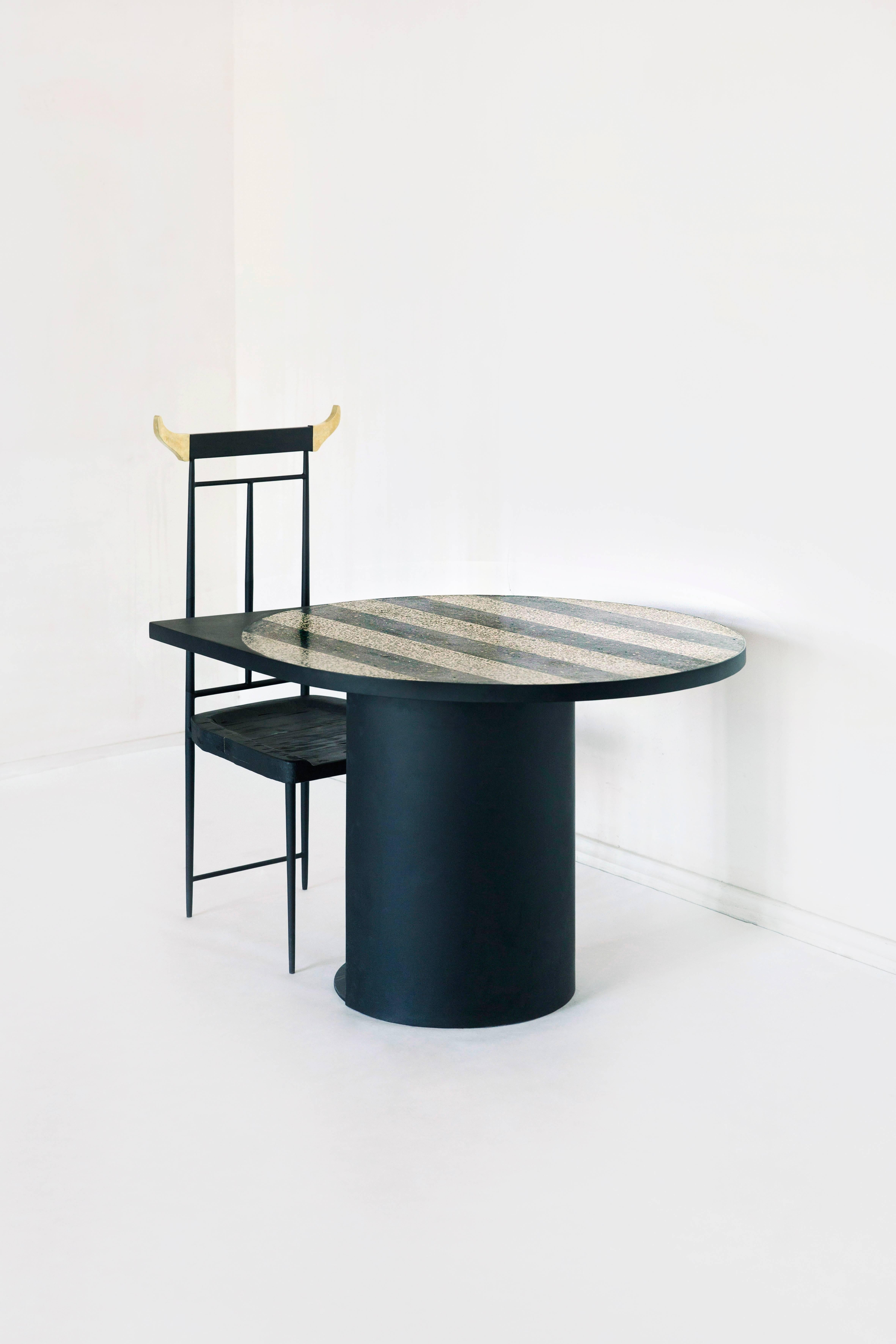 Mosaic Geometric brass table, rooms
Dimensions: L100/W100/H75
Materials: Brass/Mosaic/steel.

Stripy table
Inspired by the concept of “keeping magic in our life by staying free yet stable” this Terrazzo Stripy Dining Table, features elegant
