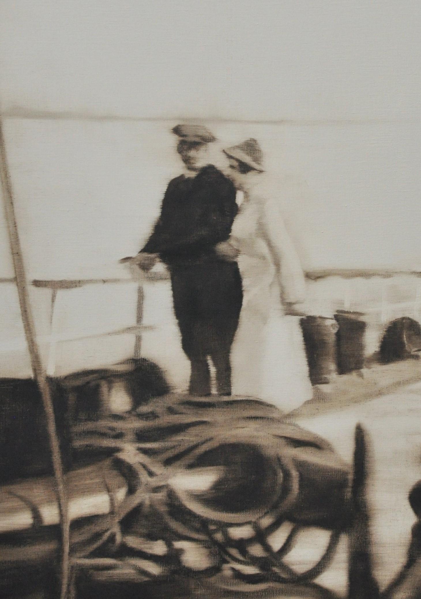 Sepia Oil Painting On a Ship Deck In Good Condition For Sale In Geneva, IL