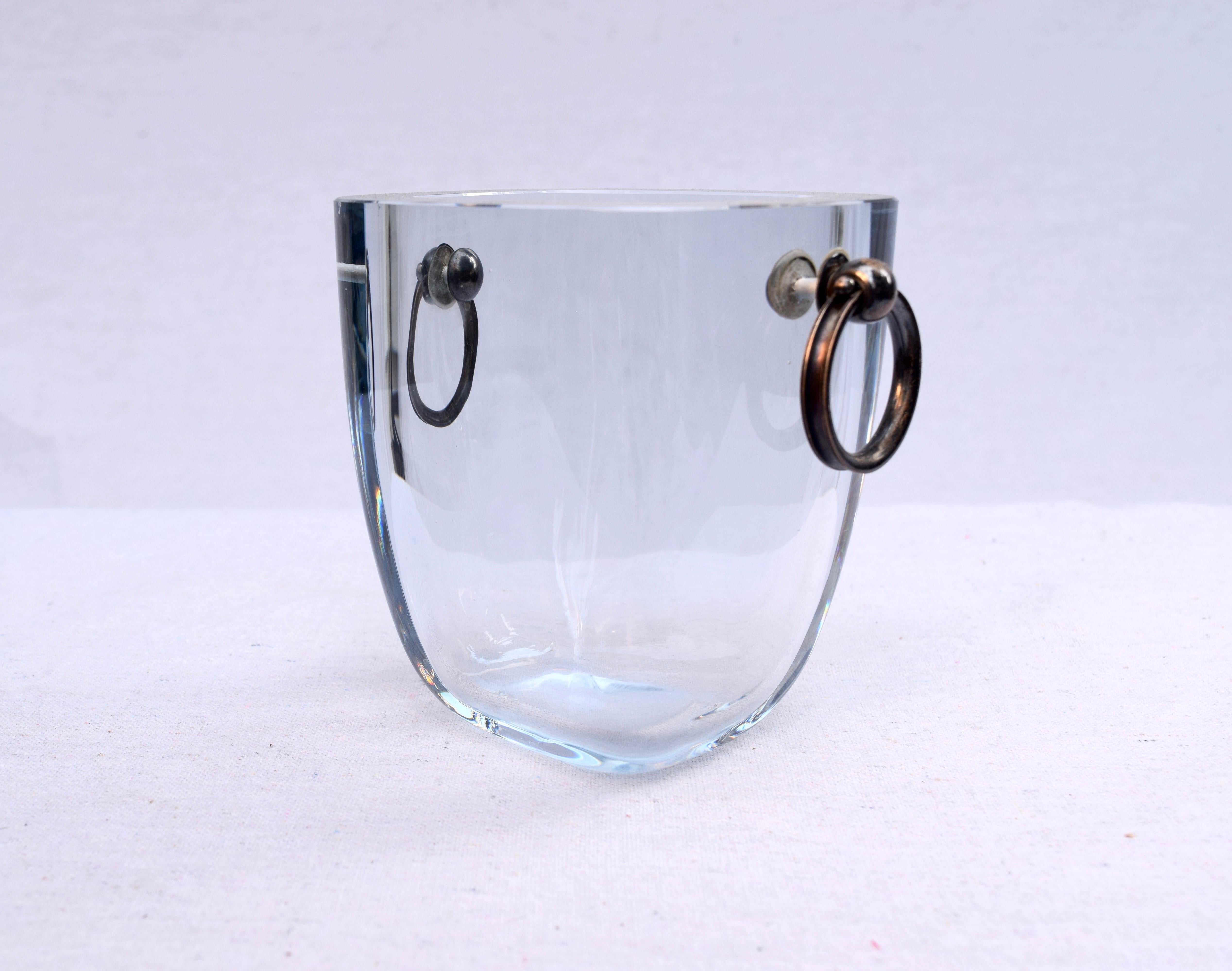 Modern Strömbergshyttan Sweden Blue Glass Ice Bucket with Sterling Silver Handles For Sale