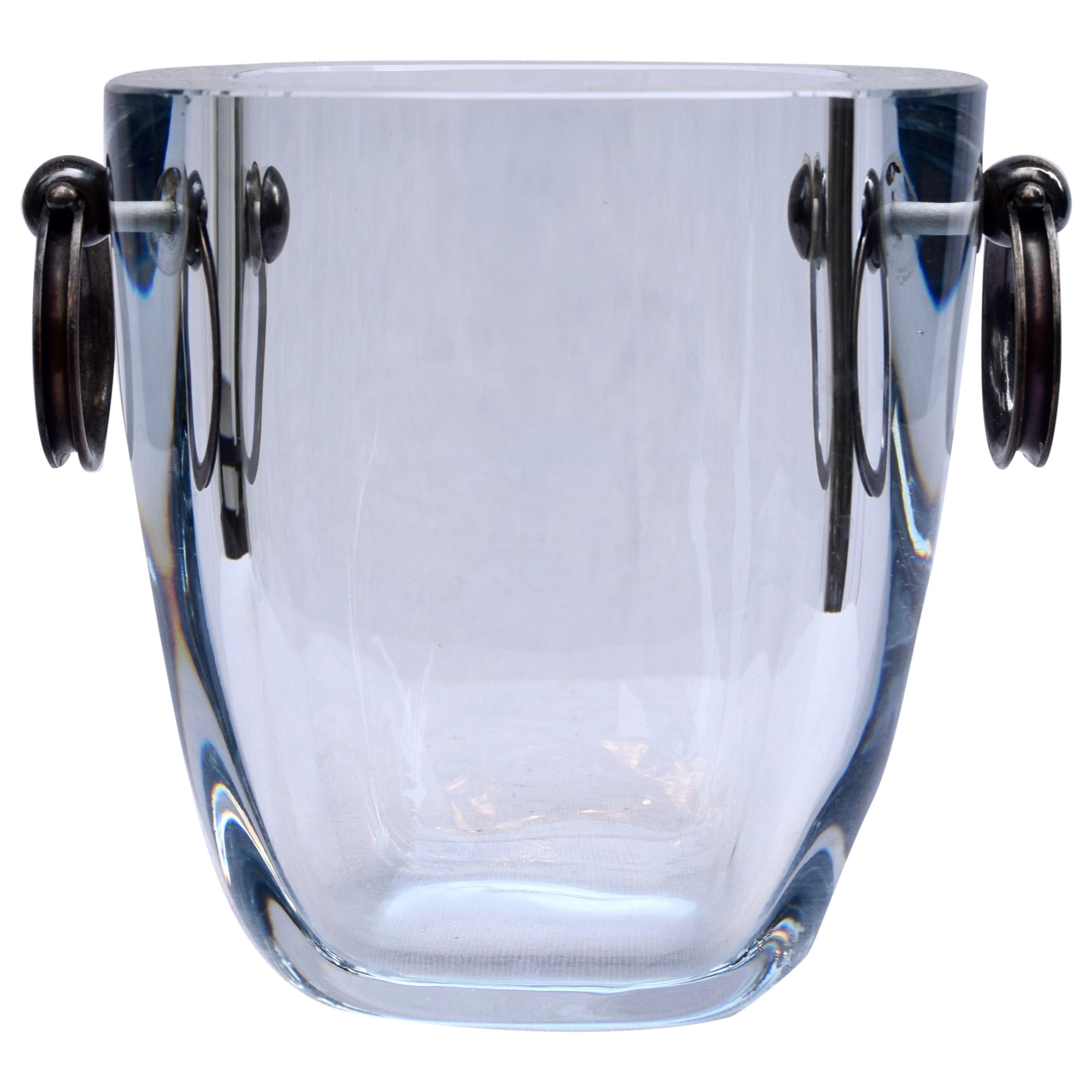 Strömbergshyttan Sweden Blue Glass Ice Bucket with Sterling Silver Handles For Sale