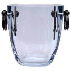 Vintage Strömbergshyttan Sweden Blue Glass Ice Bucket with Sterling Silver Handles