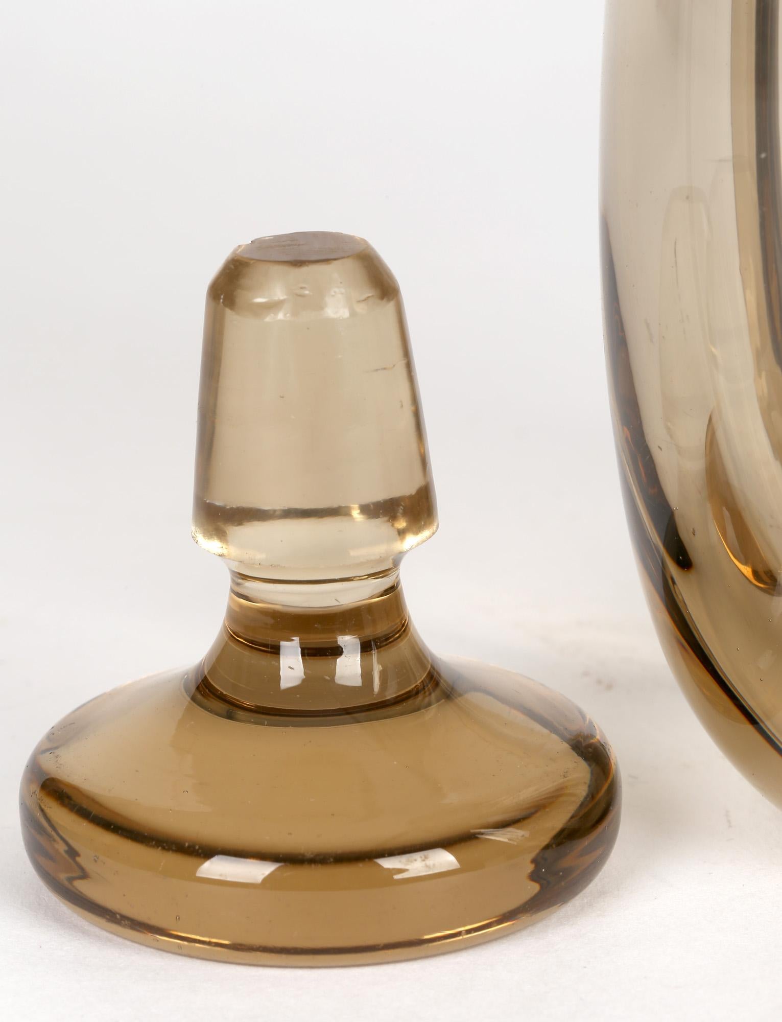 Hand-Crafted Strombergshyttan Swedish Art Deco Brown Tinted Glass Lobed Decanter and Stopper