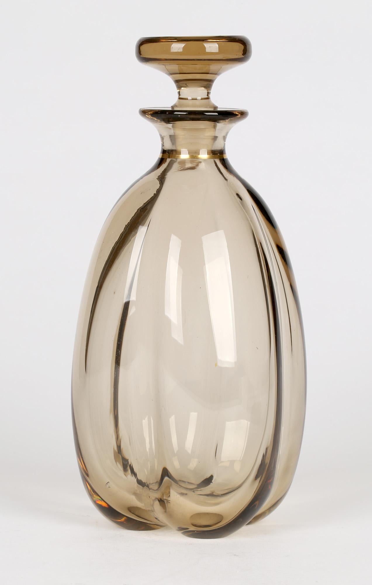 Strombergshyttan Swedish Art Deco Brown Tinted Glass Lobed Decanter and Stopper In Good Condition In Bishop's Stortford, Hertfordshire