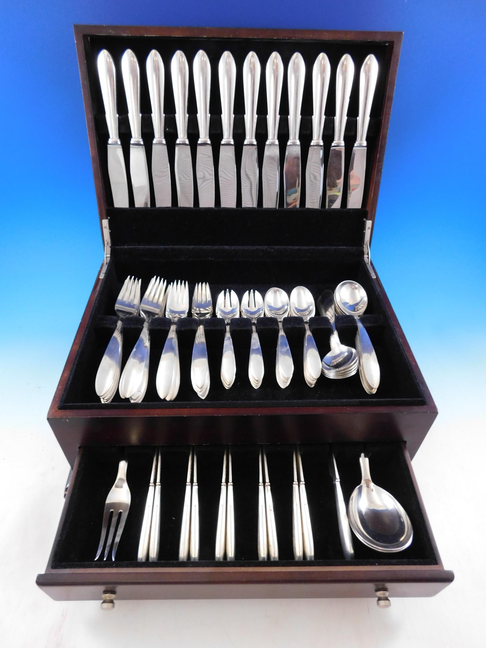 Dinner Size Stromlinie by A. Dragsted Danish Mid-Century Modern sterling silver flatware set - 85 pieces. This scarce handmade set includes:

12 dinner knives, 9 3/4