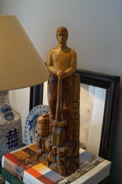 Strong and Robust Wooden Art Deco Statue of Quarry Worker, Germany, 1920s